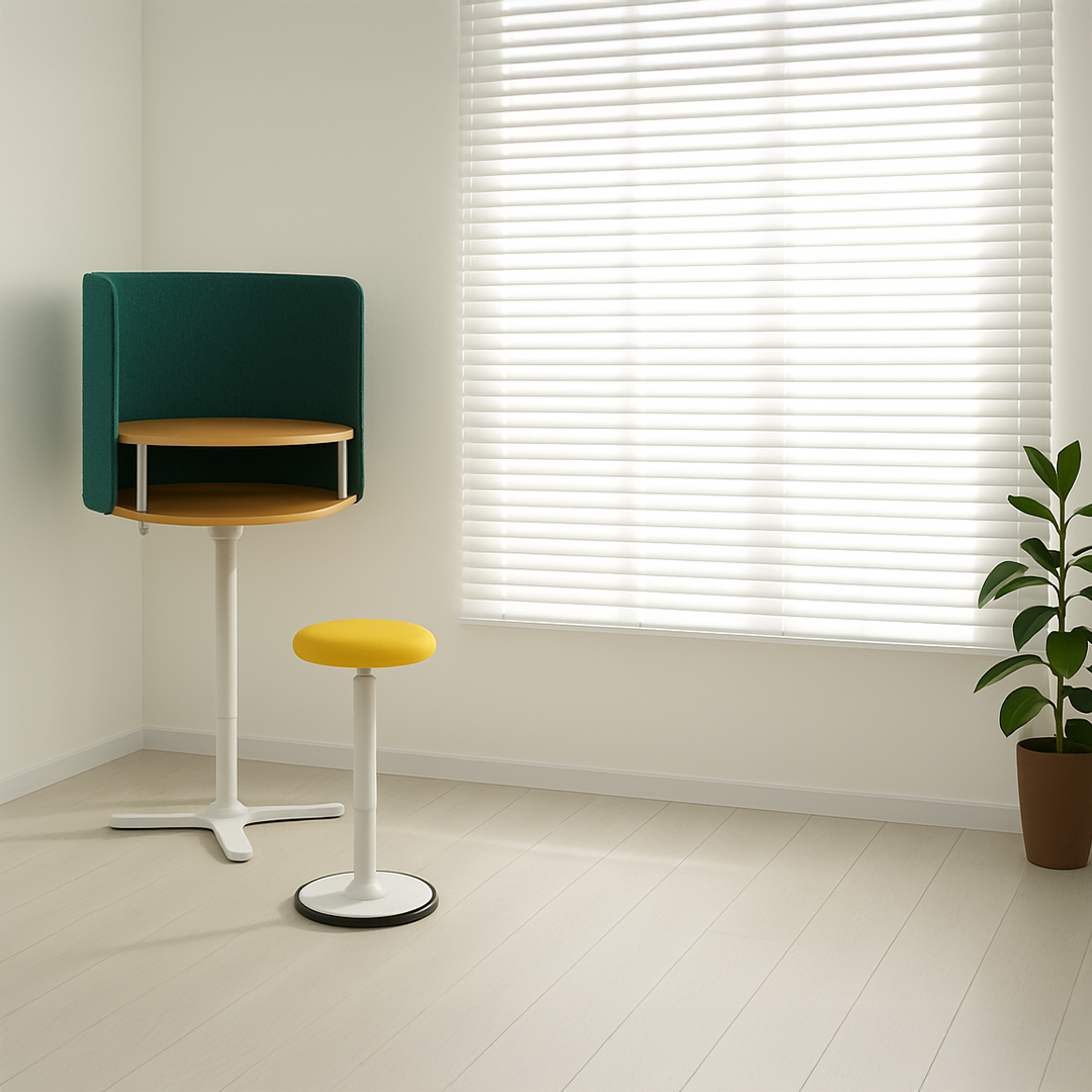Minimalist room with light wood flooring, a green wall-mounted desk, a yellow stool, and a potted plant. Sunlight streams through white blinds.