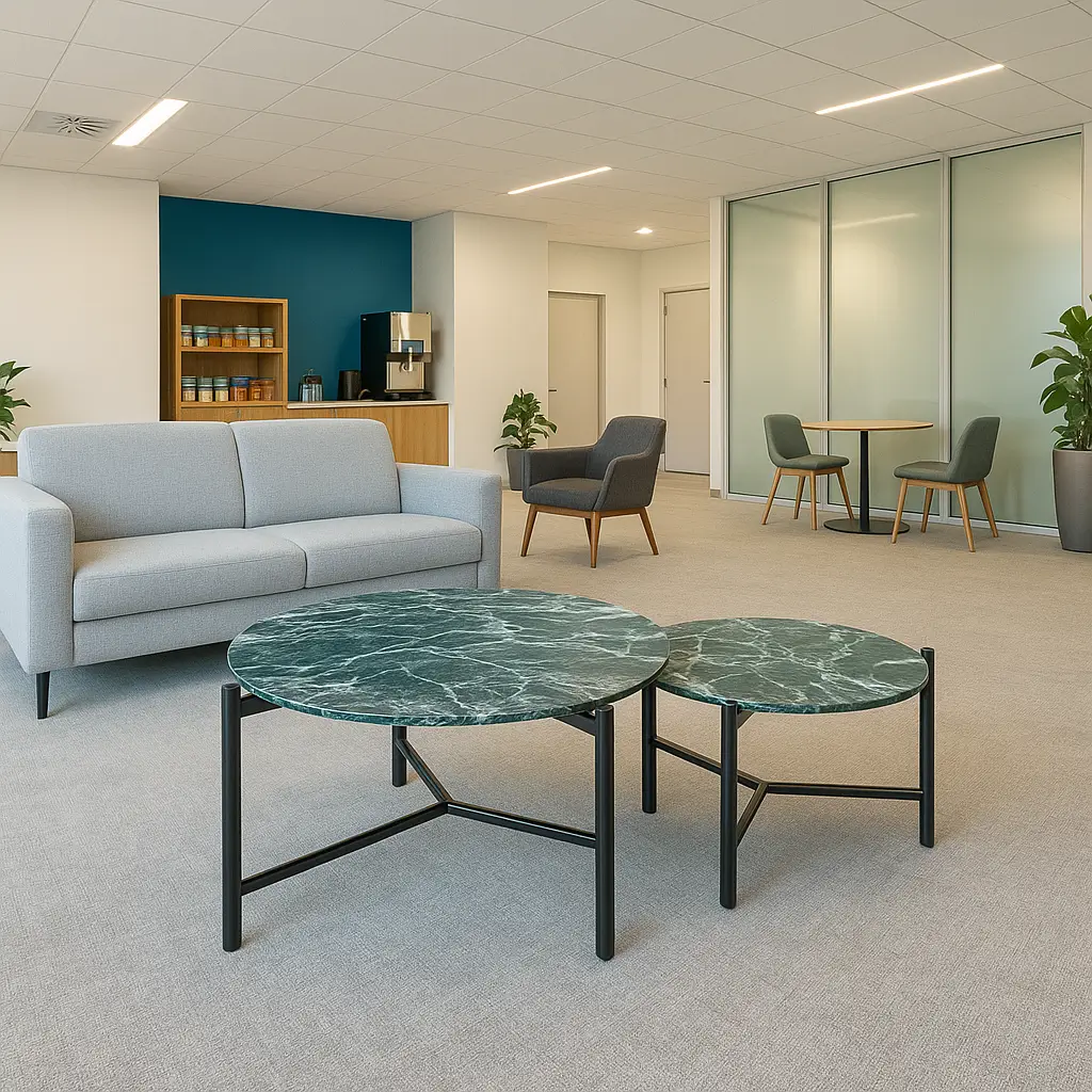 Modern office lounge with a blue accent wall, gray sofa, armchair, round marble tables, and a small dining area. Bright, minimalistic, and inviting.