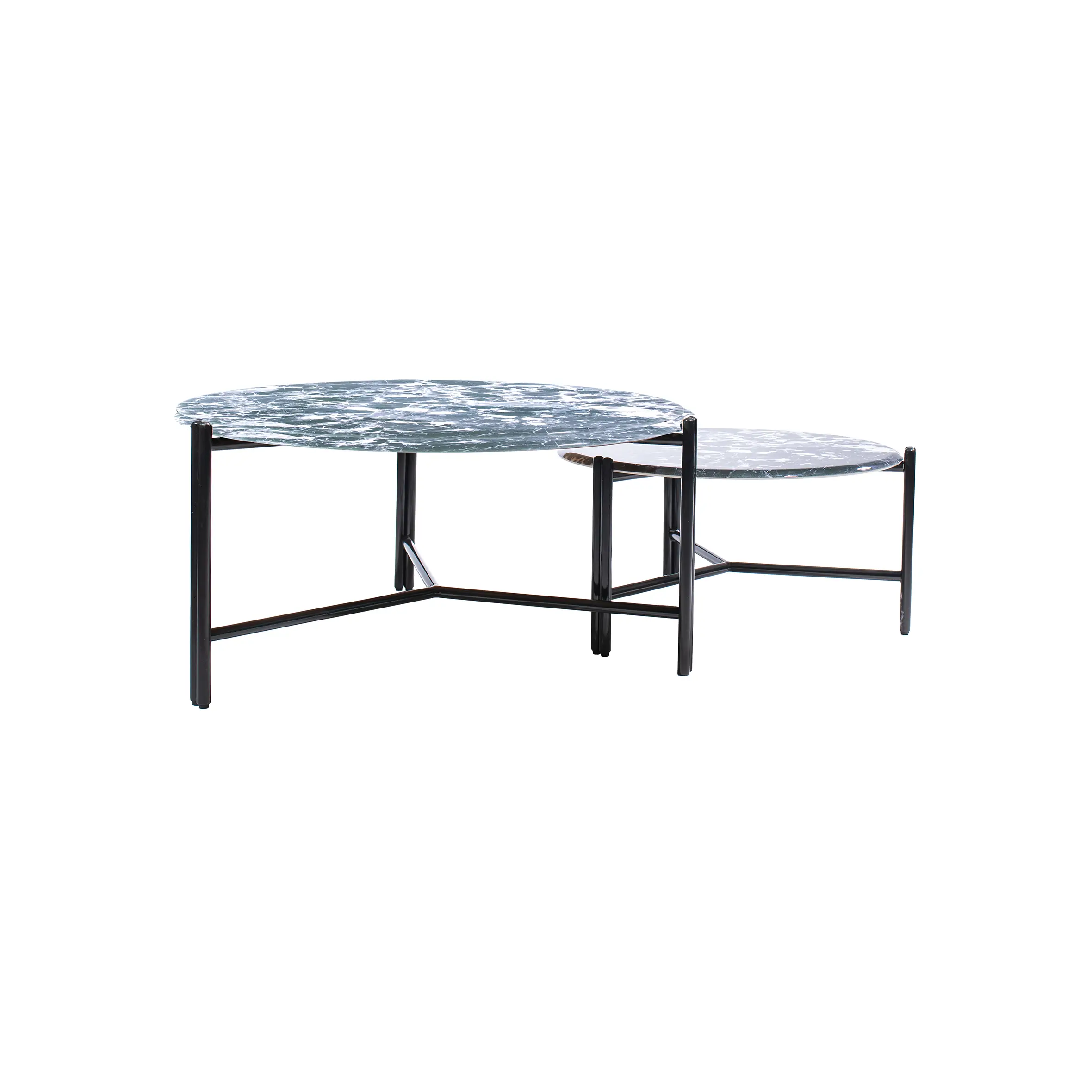 Modern office lounge with a blue accent wall, gray sofa, armchair, round marble tables, and a small dining area. Bright, minimalistic, and inviting.