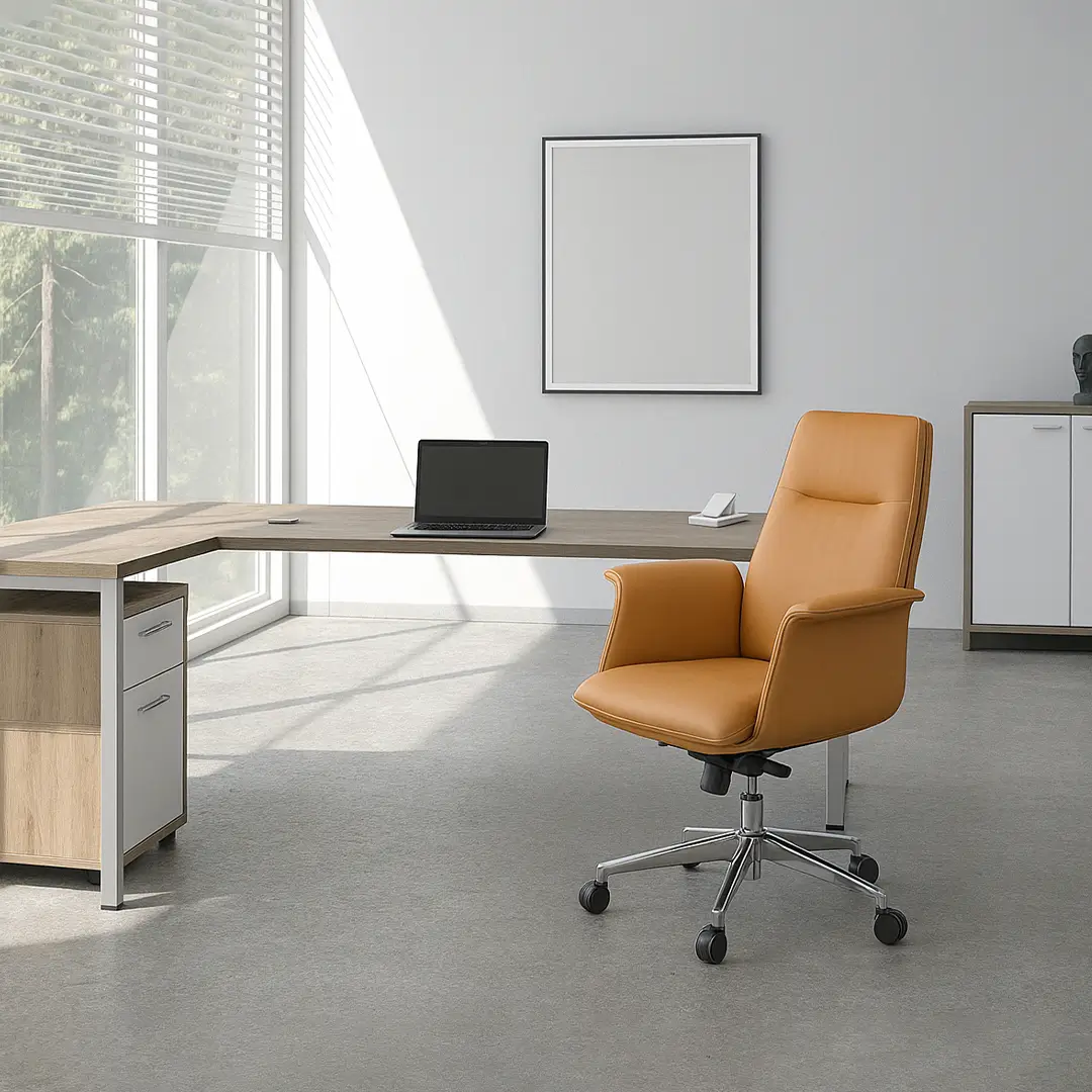 Modern office scene with a light brown swivel chair facing a wooden desk. The desk holds a laptop and notepad. Sunlight streams through large windows.