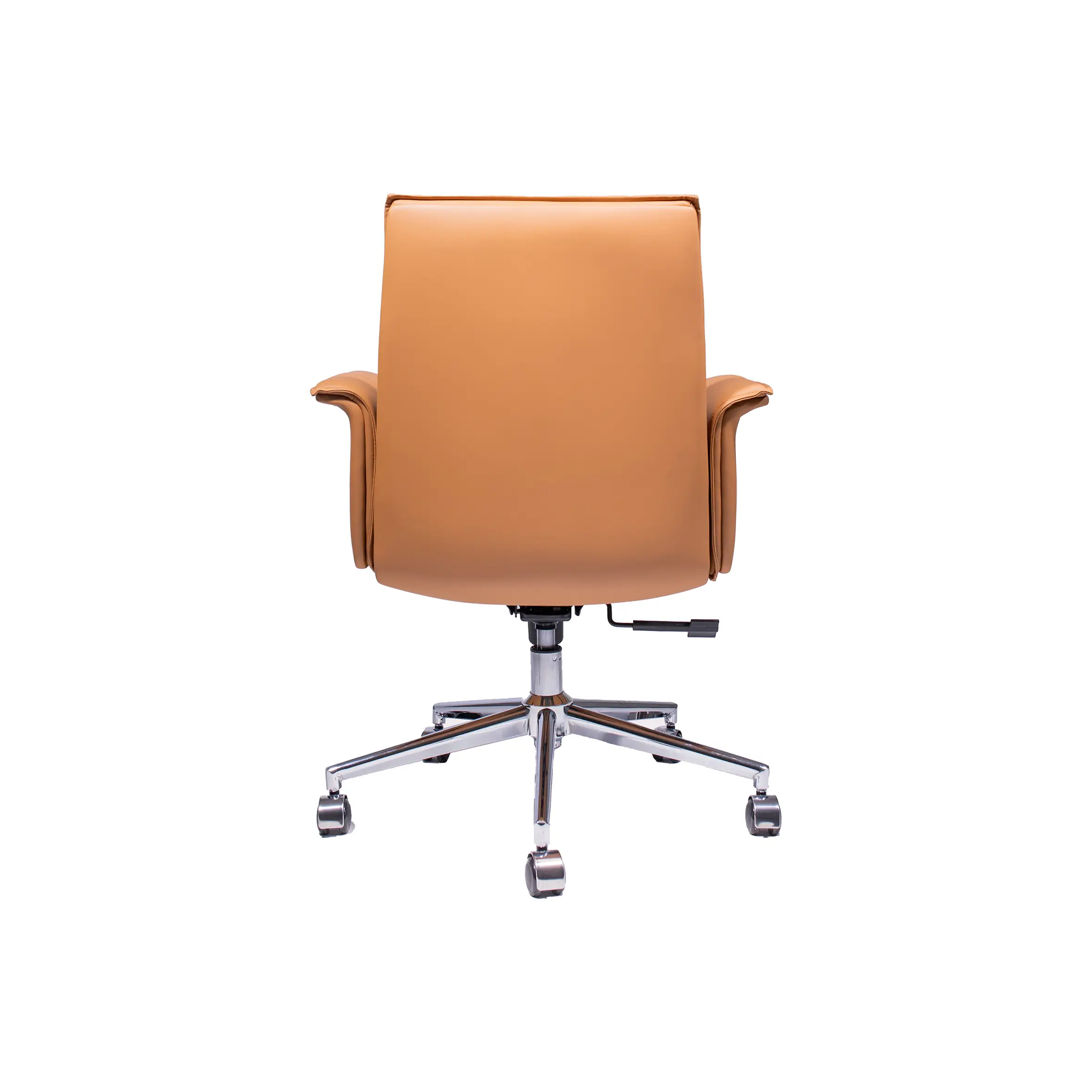 Modern office scene with a light brown swivel chair facing a wooden desk. The desk holds a laptop and notepad. Sunlight streams through large windows.