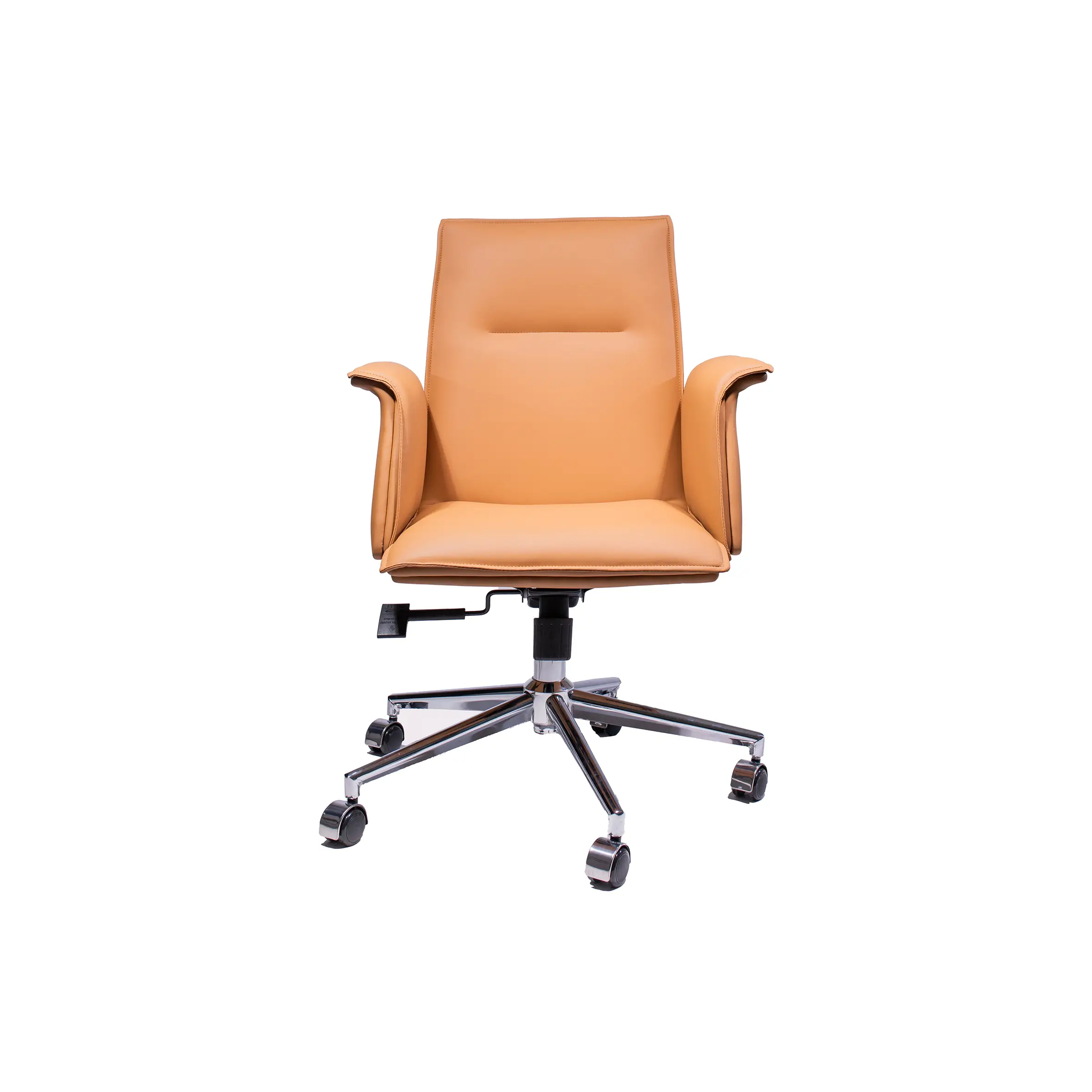 Modern office scene with a light brown swivel chair facing a wooden desk. The desk holds a laptop and notepad. Sunlight streams through large windows.
