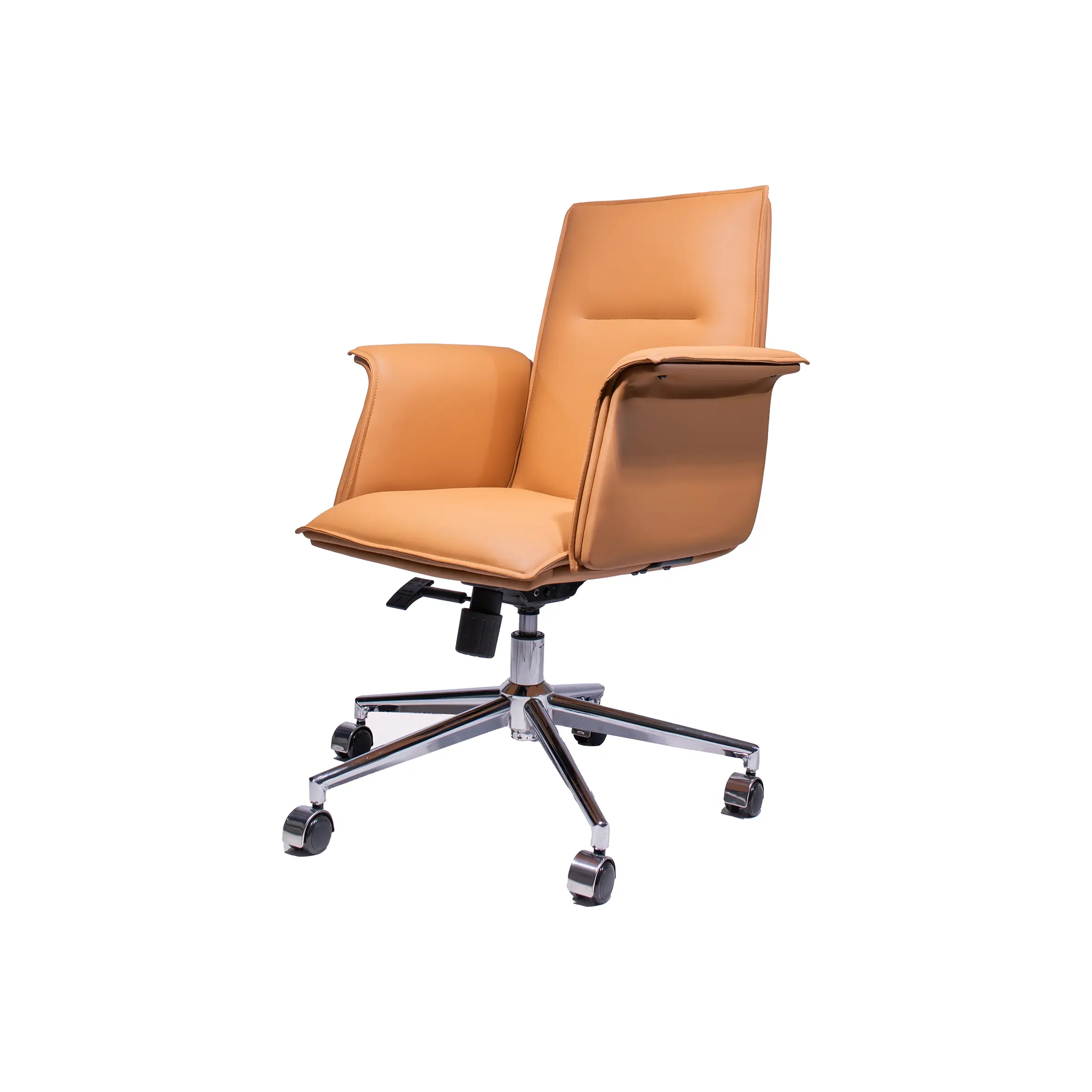 Modern office scene with a light brown swivel chair facing a wooden desk. The desk holds a laptop and notepad. Sunlight streams through large windows.