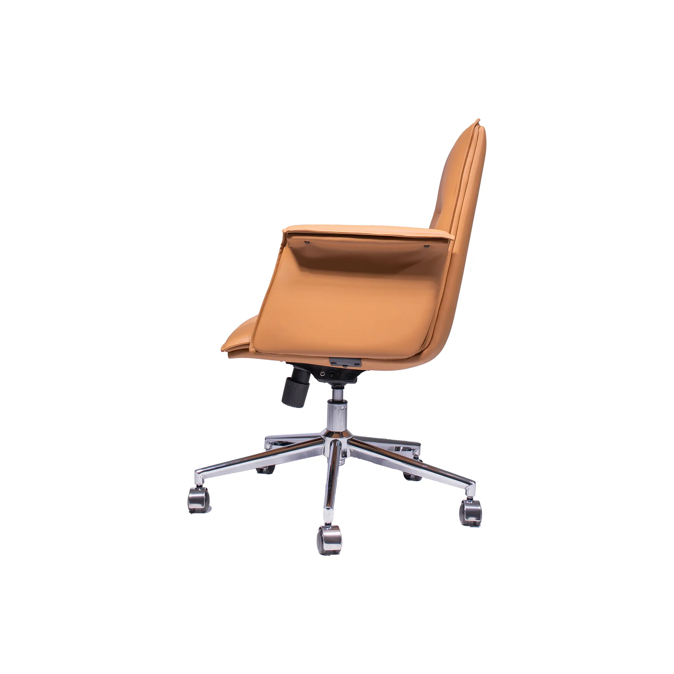 Modern office scene with a light brown swivel chair facing a wooden desk. The desk holds a laptop and notepad. Sunlight streams through large windows.