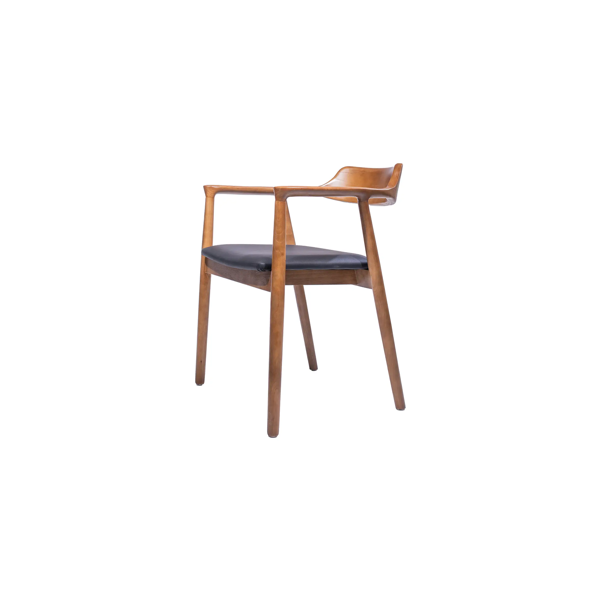 Four wooden chairs with black cushions are lined against a white wall in an office lobby. Glass windows reveal two modern desks in adjacent rooms.