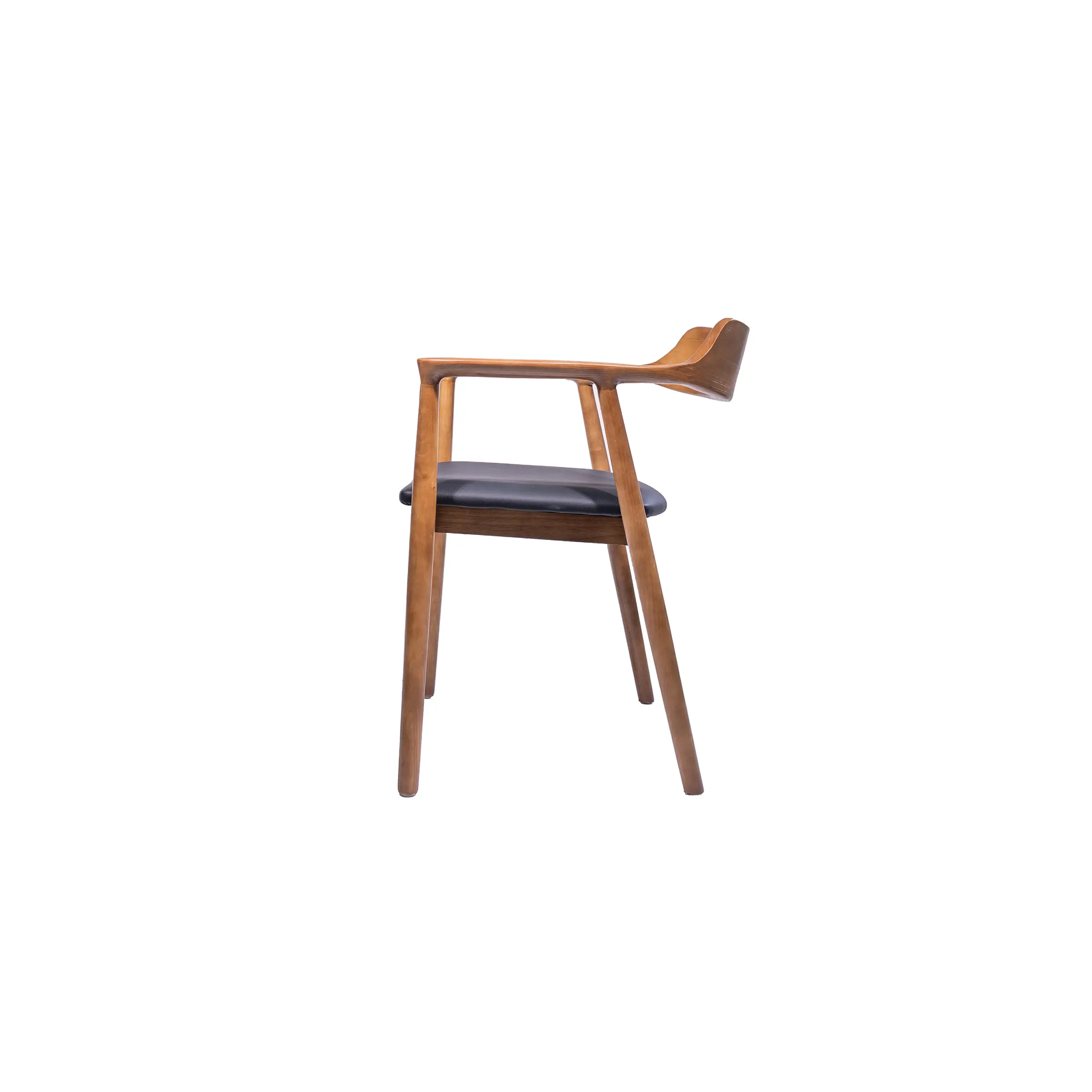 Four wooden chairs with black cushions are lined against a white wall in an office lobby. Glass windows reveal two modern desks in adjacent rooms.