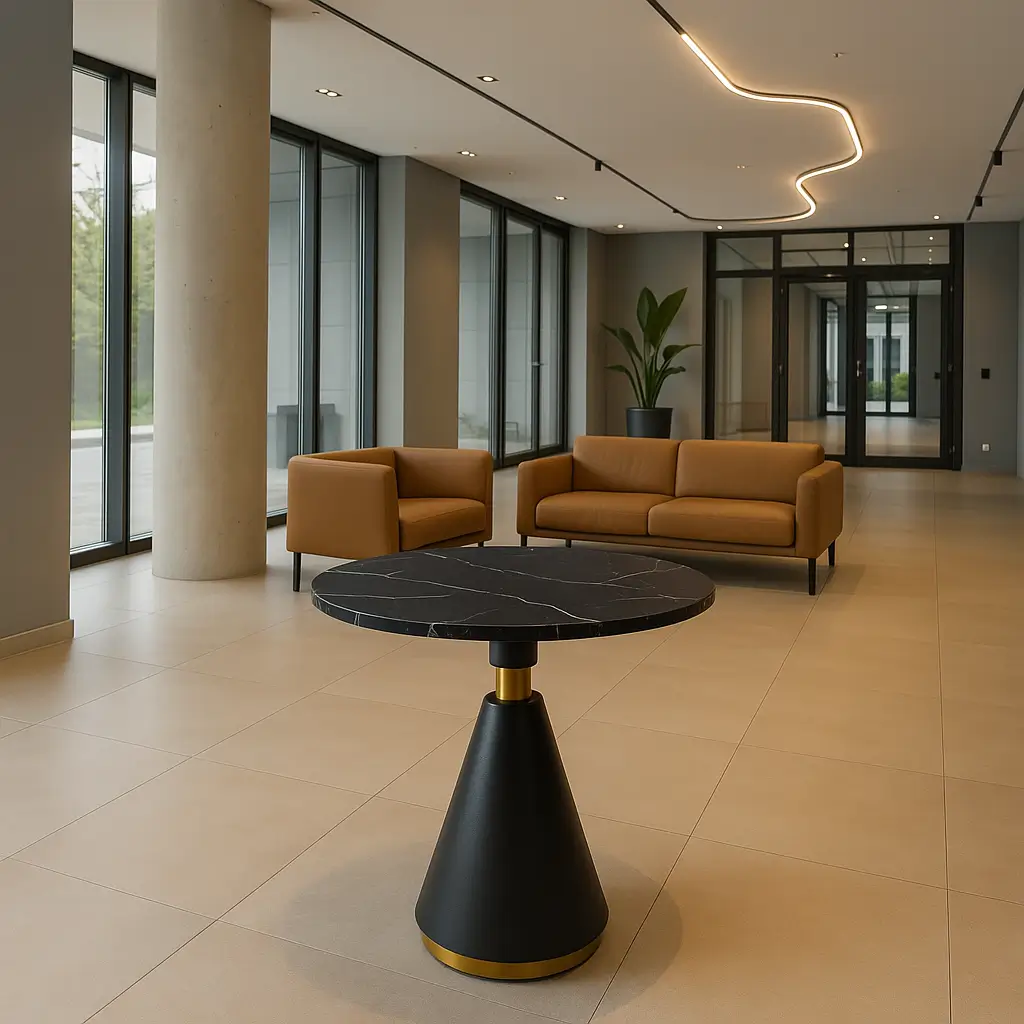 Modern lobby with large windows, brown leather couches, a black round table, and a tall potted plant. Overhead, a wavy light fixture.