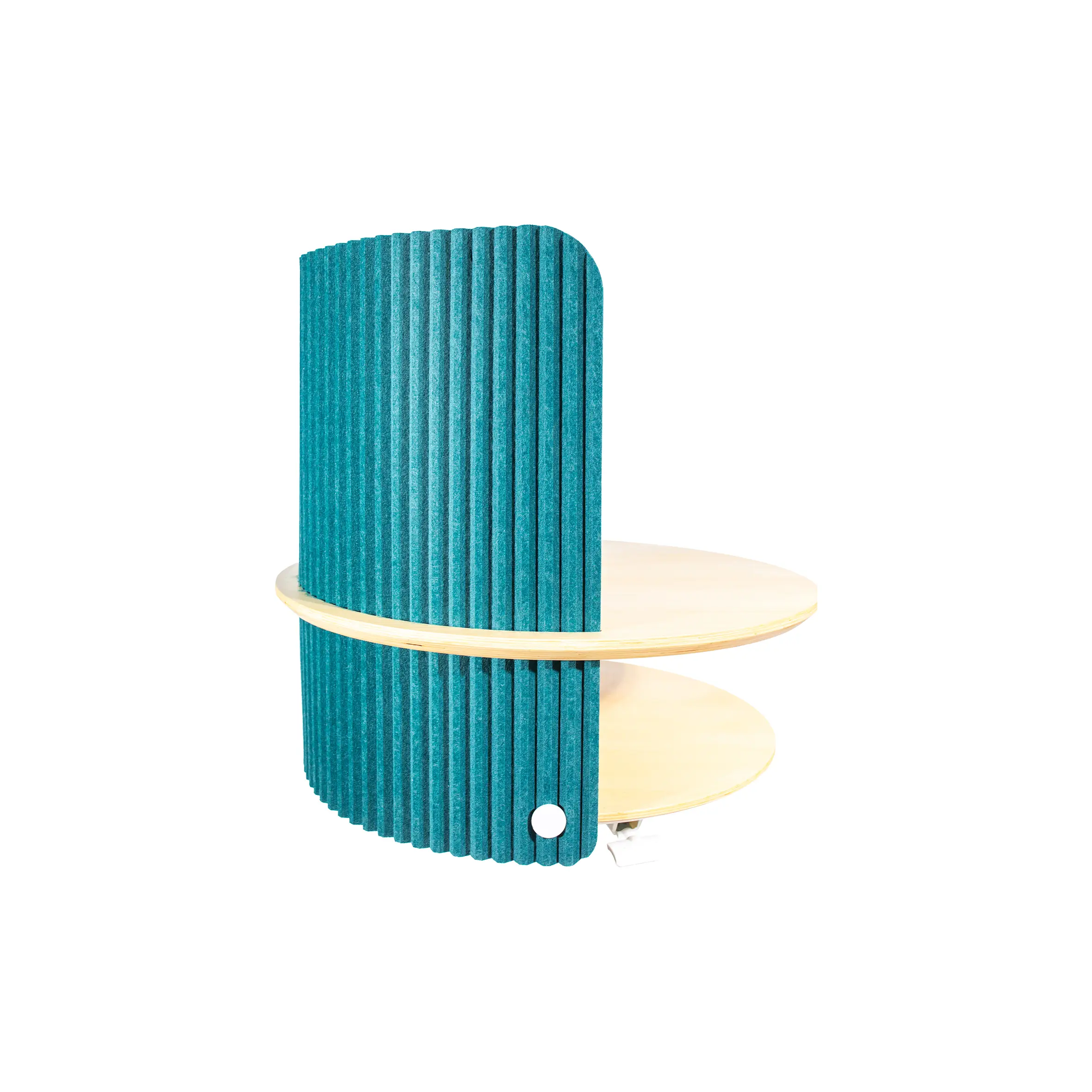 Minimalist room with light wood flooring, a green wall-mounted desk, a yellow stool, and a potted plant. Sunlight streams through white blinds.