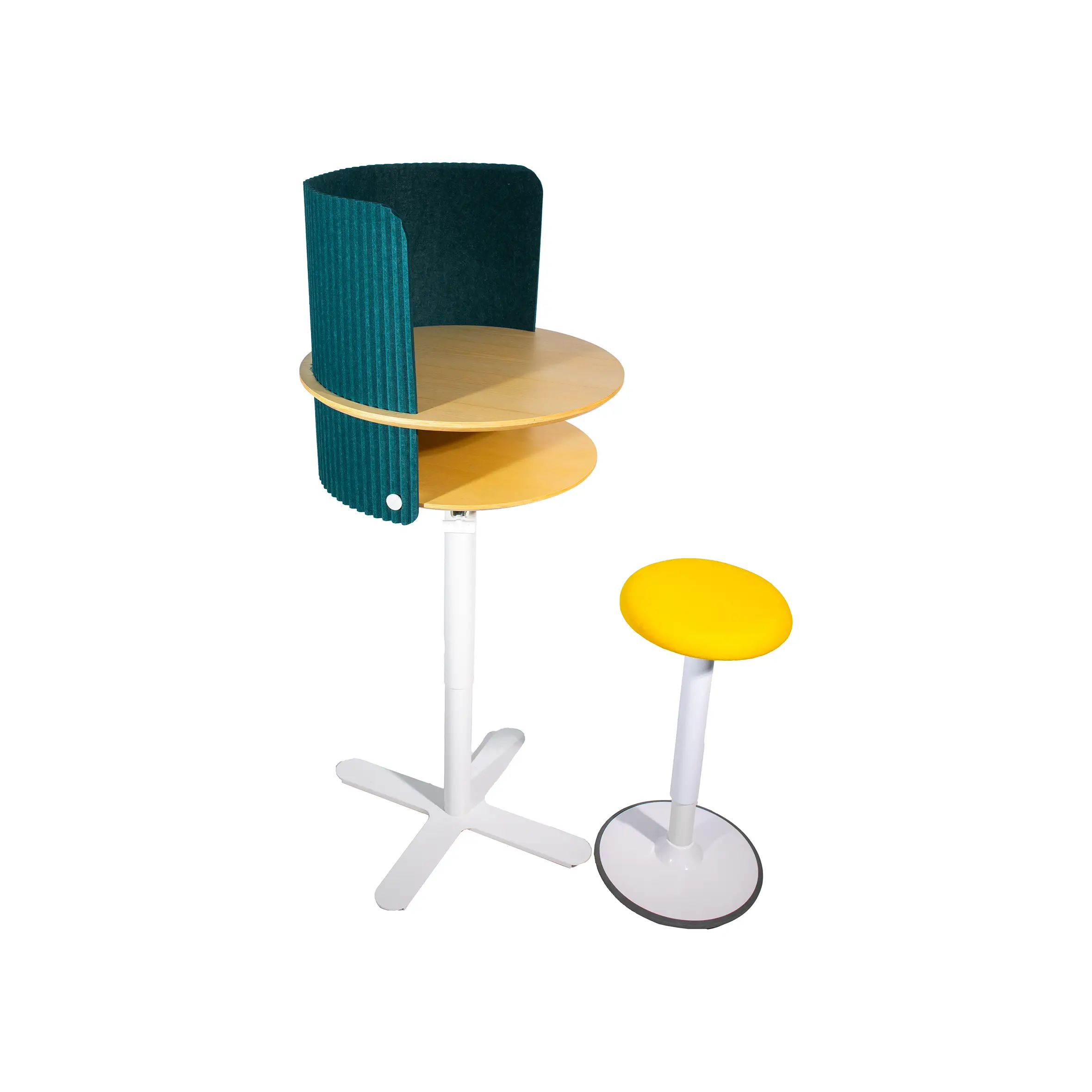 Minimalist room with light wood flooring, a green wall-mounted desk, a yellow stool, and a potted plant. Sunlight streams through white blinds.