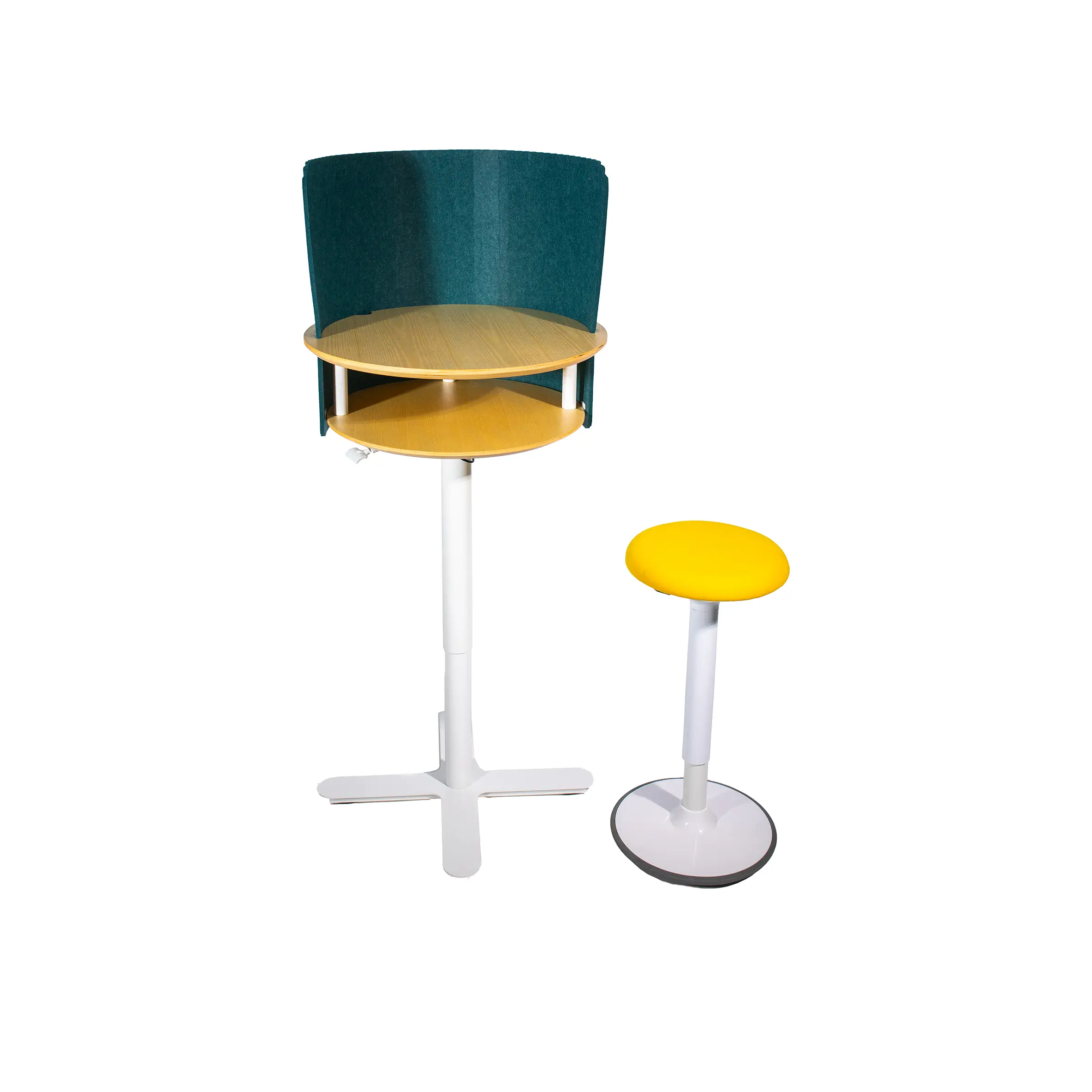 Minimalist room with light wood flooring, a green wall-mounted desk, a yellow stool, and a potted plant. Sunlight streams through white blinds.