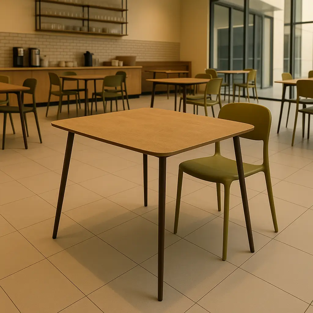A modern, minimalist cafeteria with light wood tables and green chairs on a tiled floor. Soft lighting and spacious windows create an inviting atmosphere.