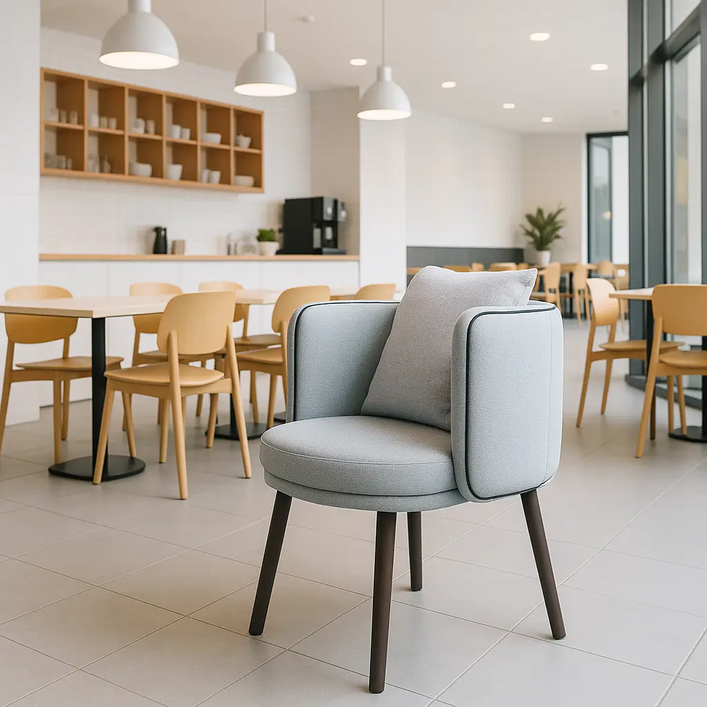 Sleek modern café with a light blue accent chair in the foreground. Wooden tables and chairs are arranged neatly, with pendant lights above. Bright and inviting atmosphere.