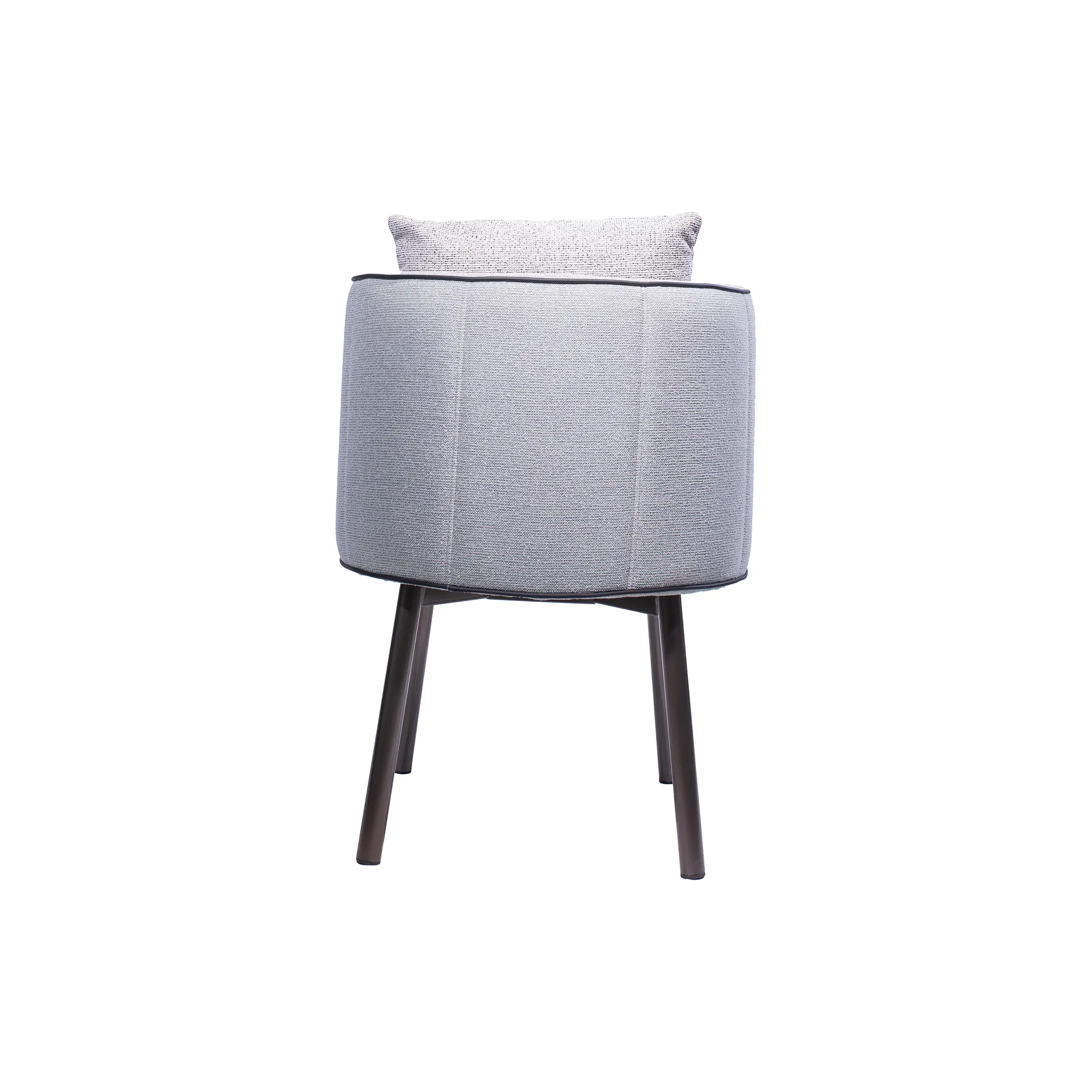 Sleek modern café with a light blue accent chair in the foreground. Wooden tables and chairs are arranged neatly, with pendant lights above. Bright and inviting atmosphere.