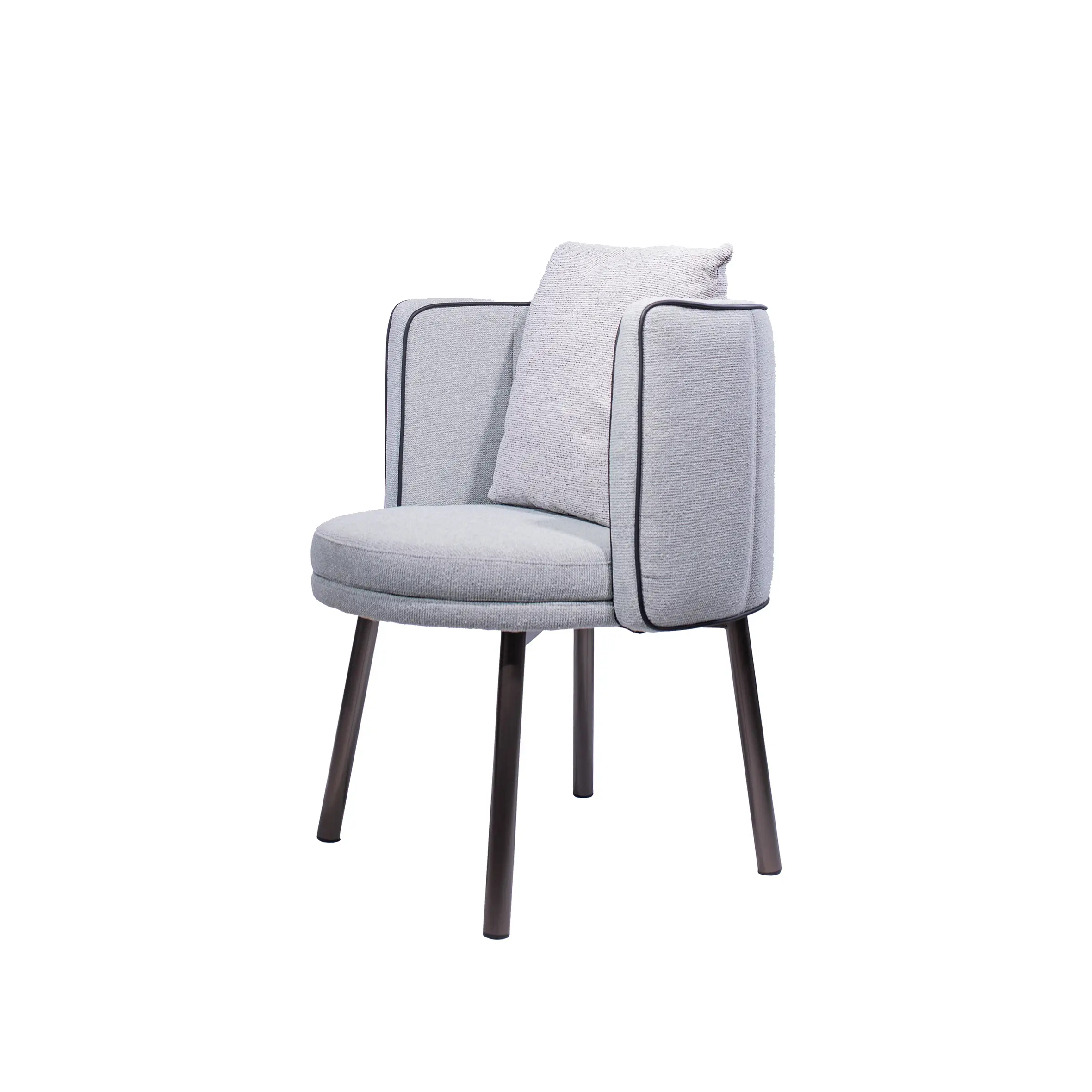 Sleek modern café with a light blue accent chair in the foreground. Wooden tables and chairs are arranged neatly, with pendant lights above. Bright and inviting atmosphere.