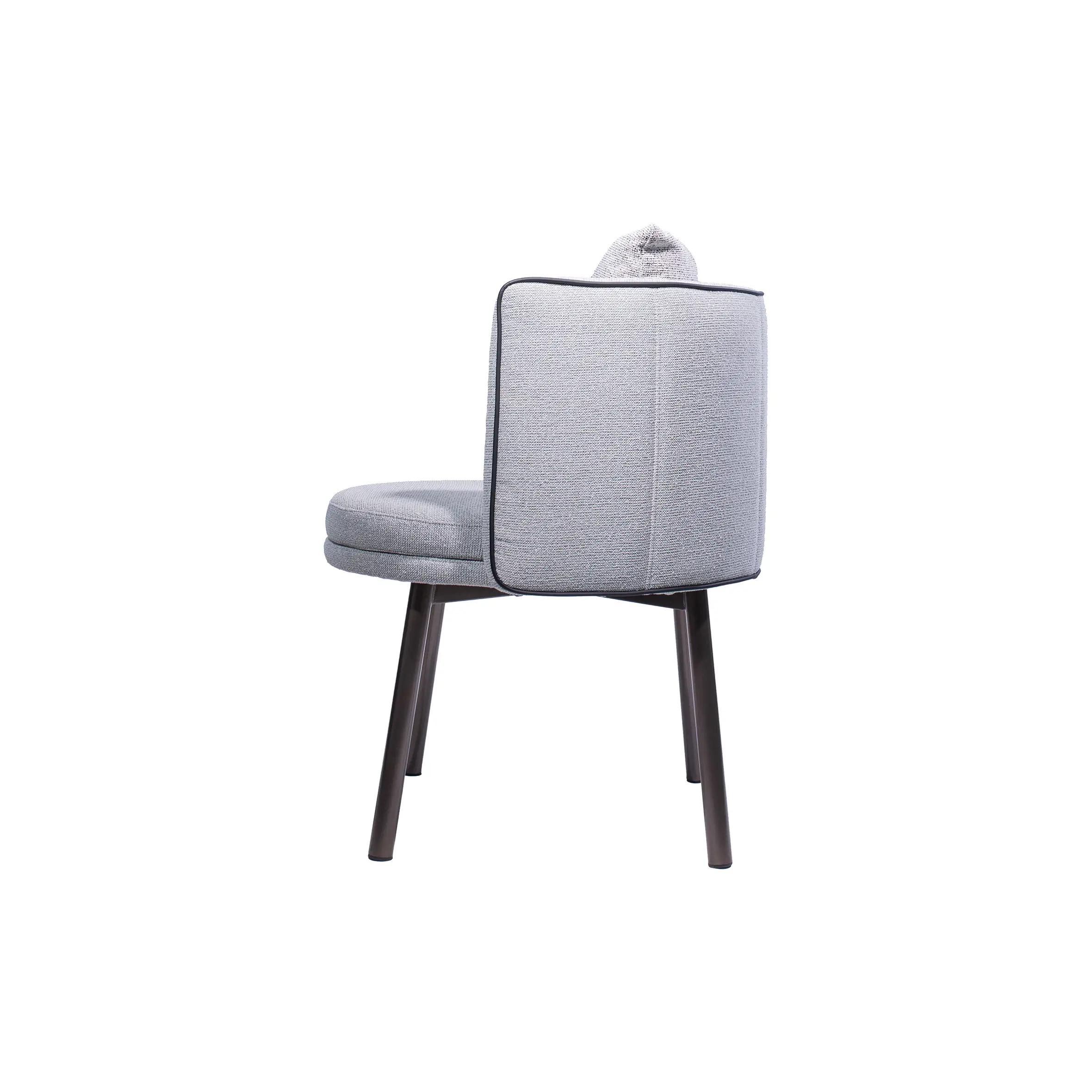 Sleek modern café with a light blue accent chair in the foreground. Wooden tables and chairs are arranged neatly, with pendant lights above. Bright and inviting atmosphere.