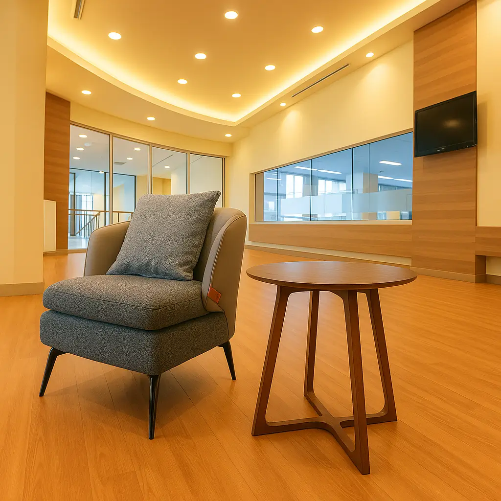 Modern lounge area with a sleek gray sofa and a small wooden table on a polished wood floor. Glass walls and warm lighting create a cozy ambiance.