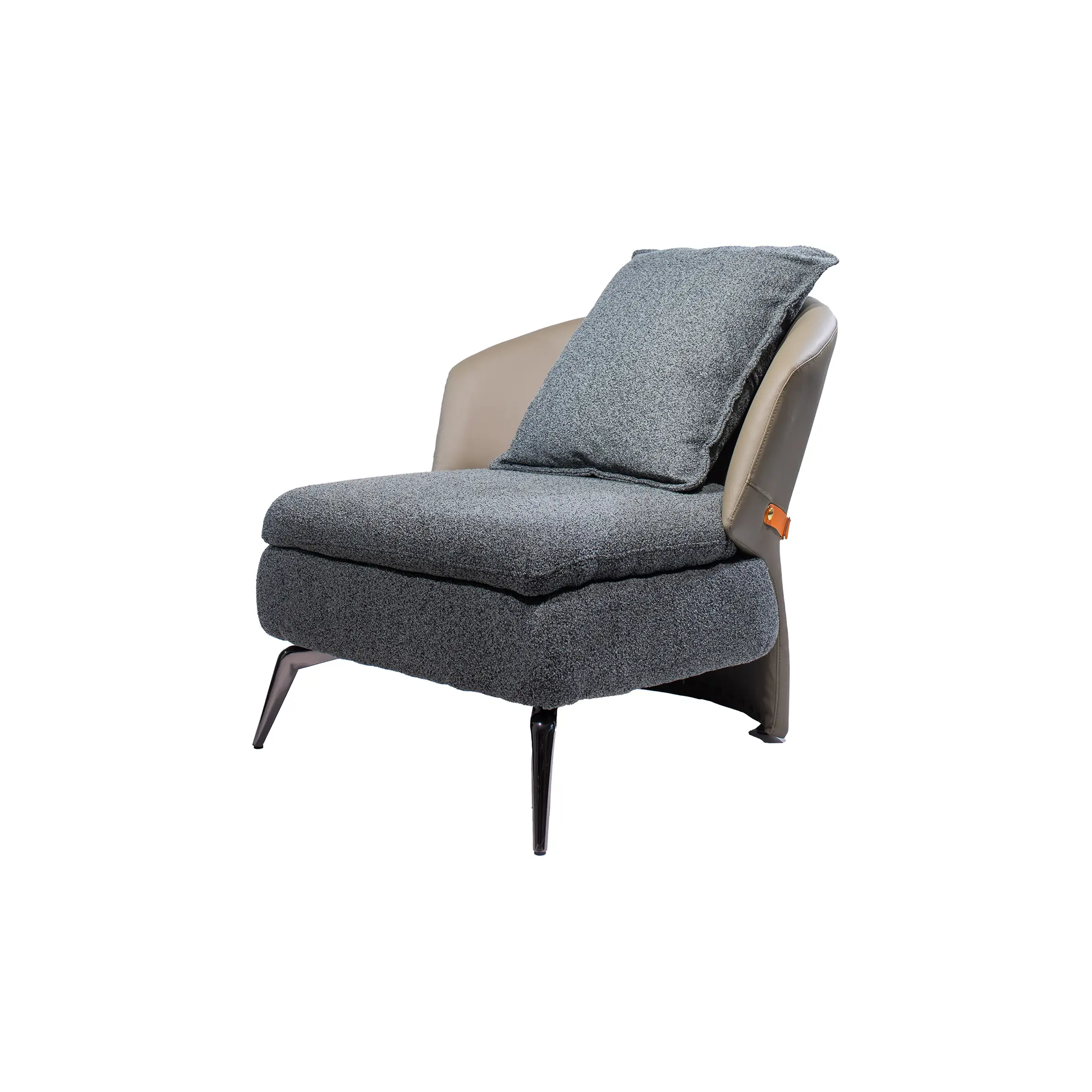 Modern lounge area with a sleek gray sofa and a small wooden table on a polished wood floor. Glass walls and warm lighting create a cozy ambiance.