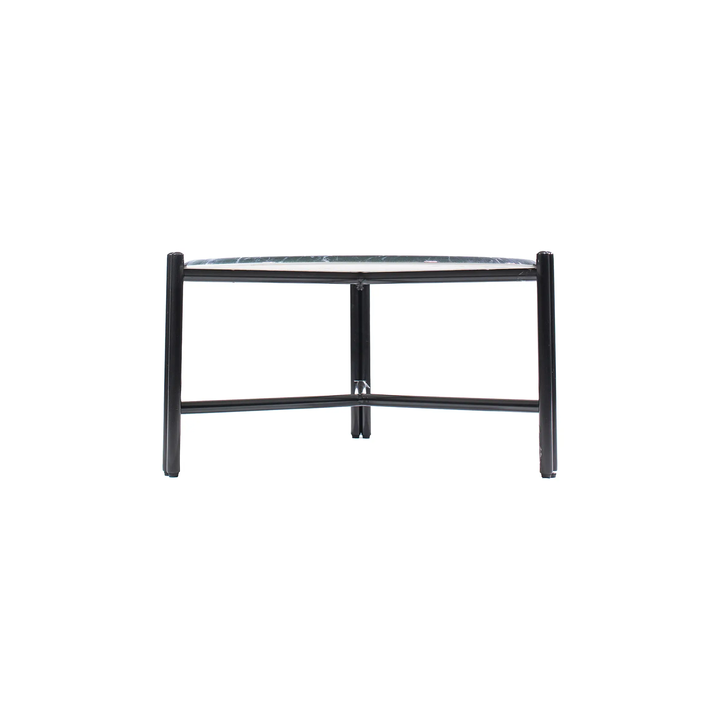 A modern living room with a dark gray couch and a round green marble coffee table on a beige carpet. Large frosted window in the background.