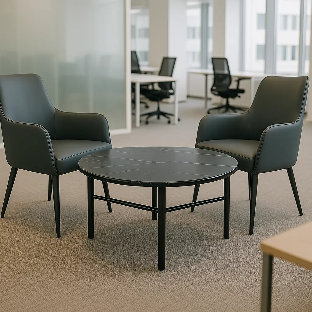Modern office space with two dark gray armchairs facing a round black table. Background features white desks and office chairs near large windows.