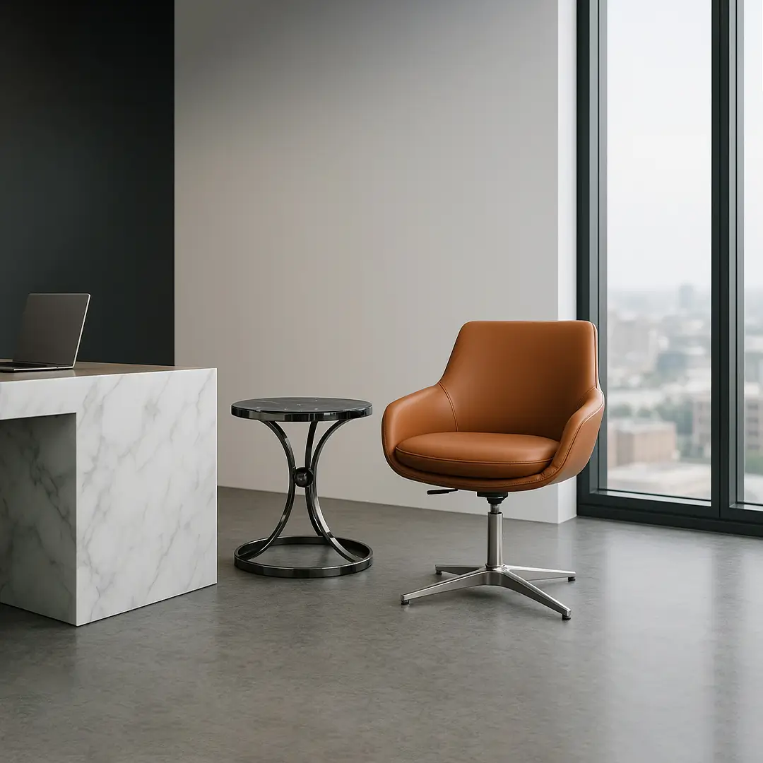 Modern office setting with a brown leather swivel chair, black circular side table, and a marble desk with a laptop. Large window offers a city view.