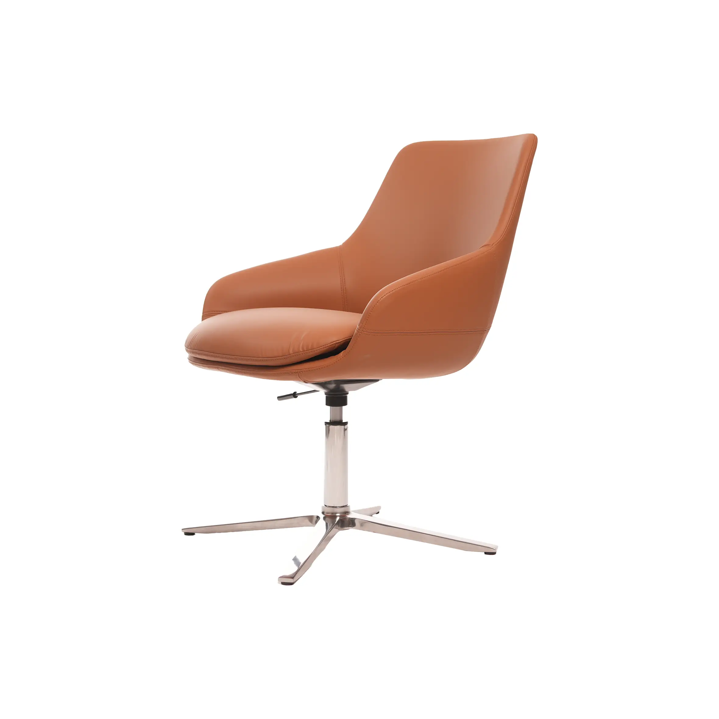 Modern office setting with a brown leather swivel chair, black circular side table, and a marble desk with a laptop. Large window offers a city view.