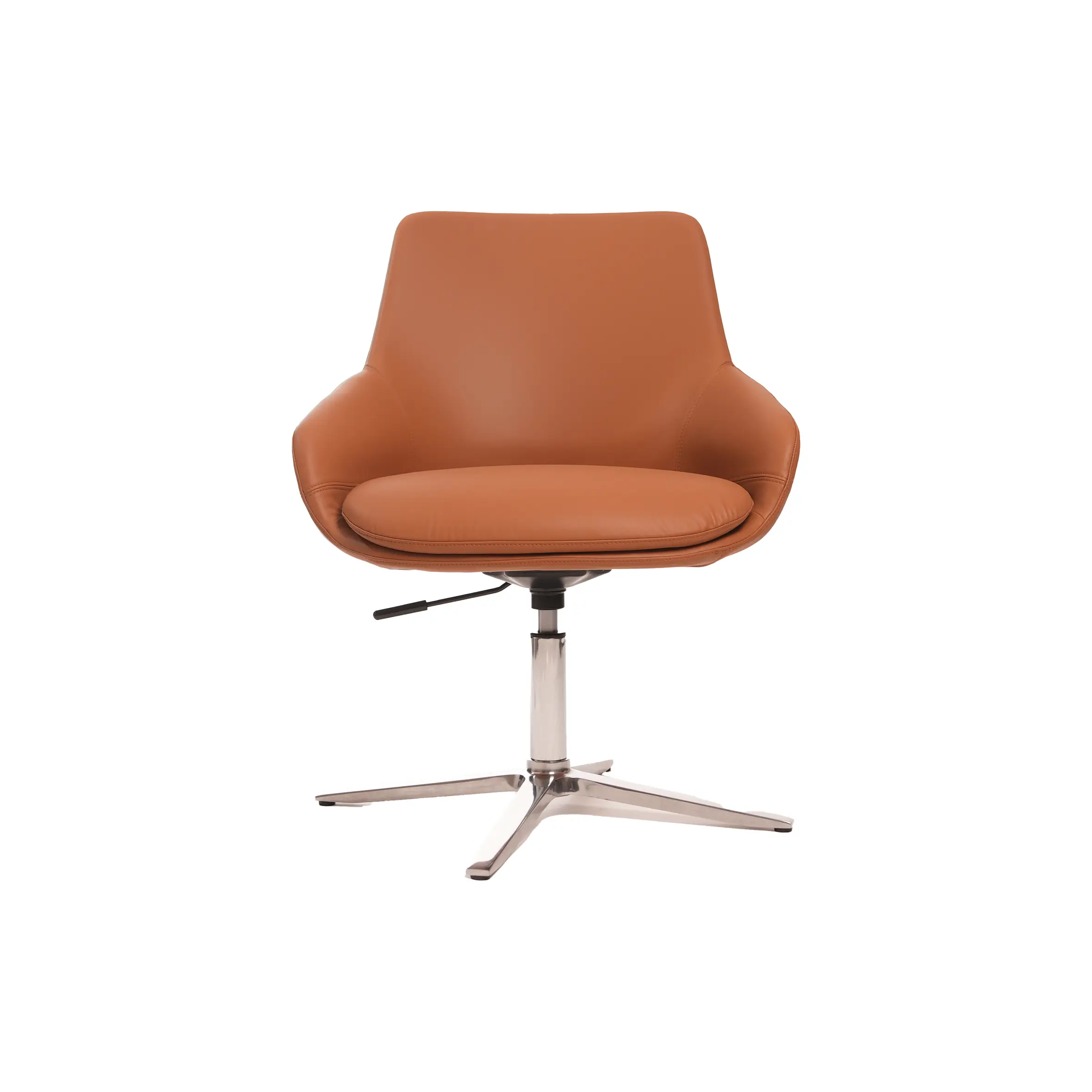 Modern office setting with a brown leather swivel chair, black circular side table, and a marble desk with a laptop. Large window offers a city view.