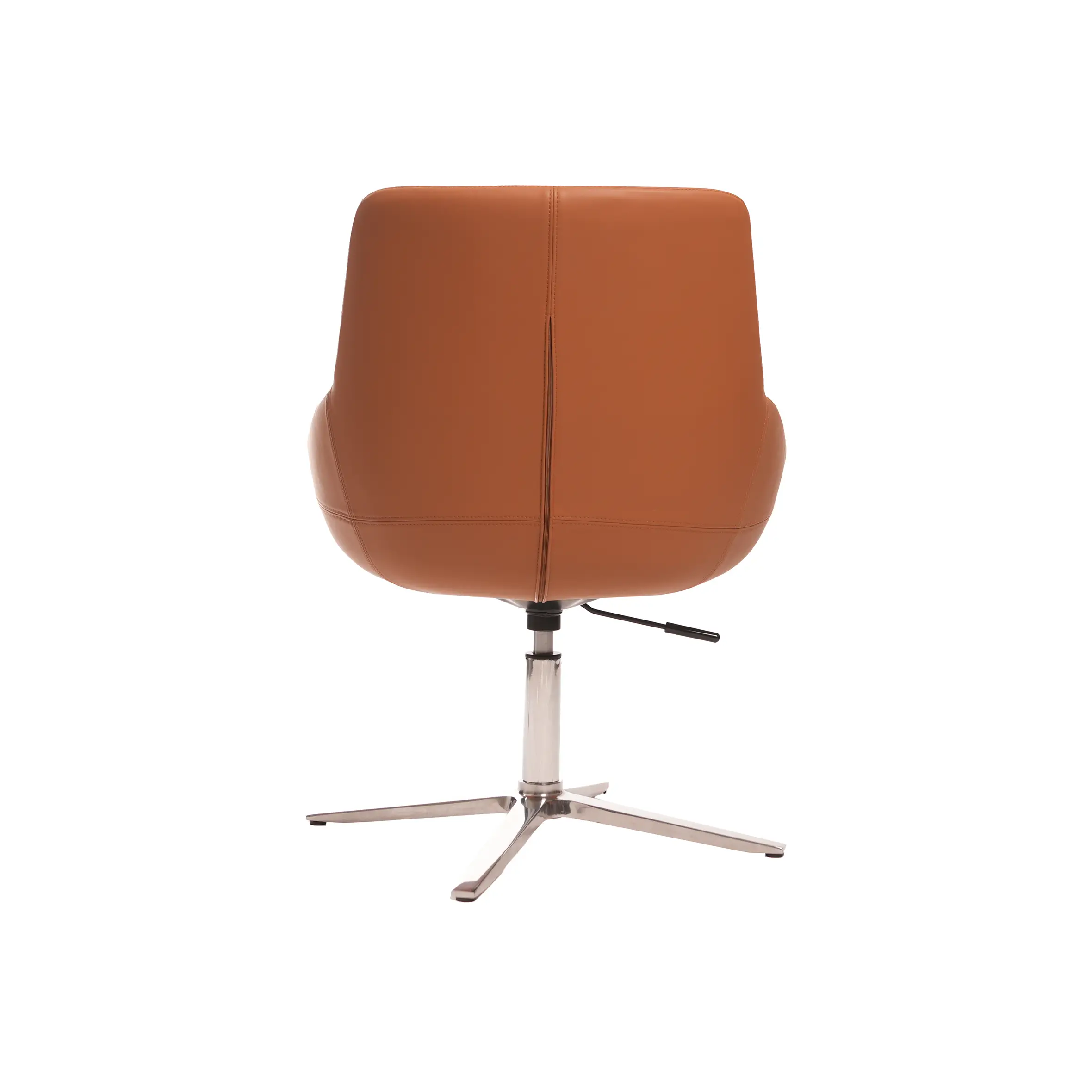 Modern office setting with a brown leather swivel chair, black circular side table, and a marble desk with a laptop. Large window offers a city view.