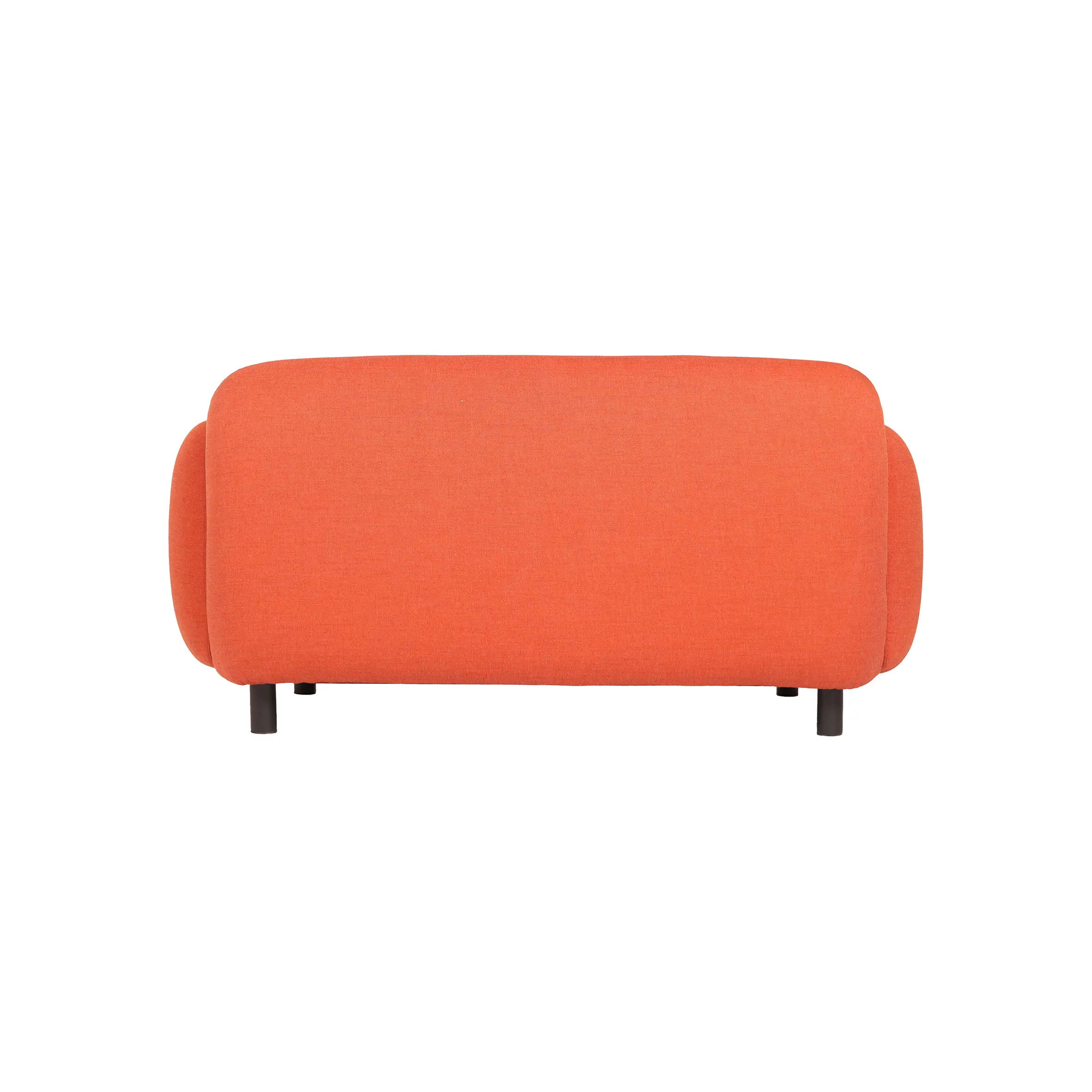 Modern rooftop lounge with an orange sofa and circular black table. Surrounded by tall windows, gray columns, and green plants. Bright and airy ambiance.