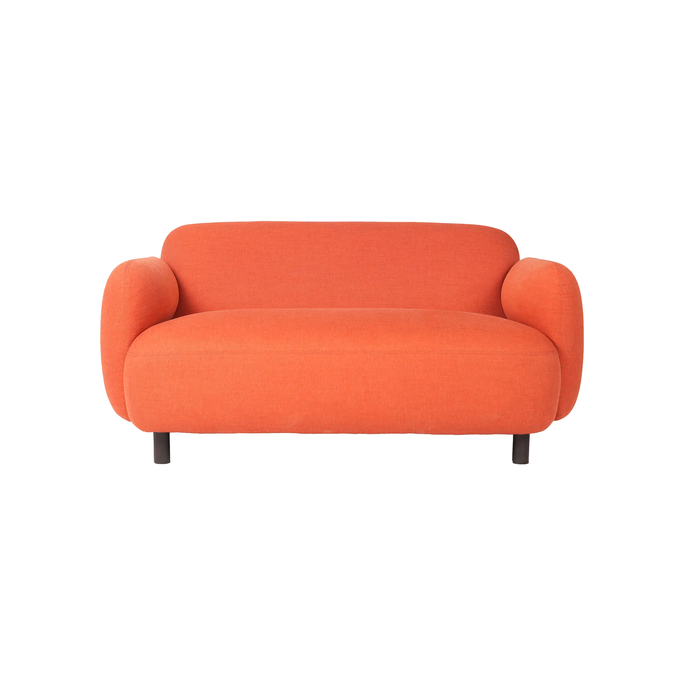 Modern rooftop lounge with an orange sofa and circular black table. Surrounded by tall windows, gray columns, and green plants. Bright and airy ambiance.