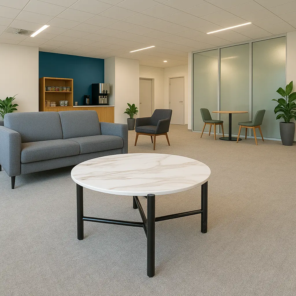Modern office lounge with a gray sofa, round marble coffee table, potted plants, and a coffee station against a blue accent wall. Calm, inviting atmosphere.