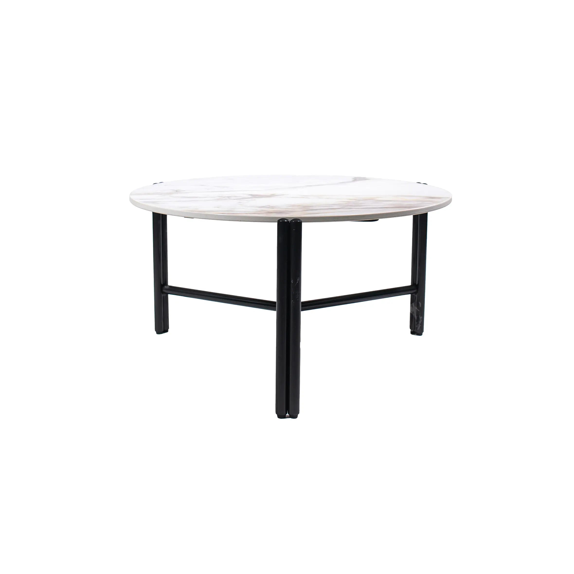 Modern office lounge with a gray sofa, round marble coffee table, potted plants, and a coffee station against a blue accent wall. Calm, inviting atmosphere.