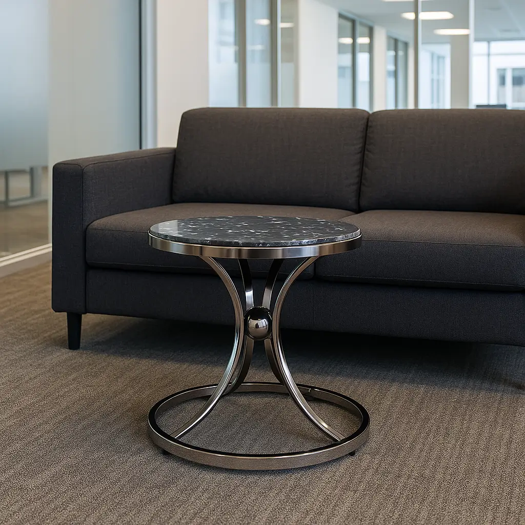 Modern office lounge featuring a sleek black sofa and a stylish round side table with a metallic frame on a textured gray carpet, conveying sophistication.