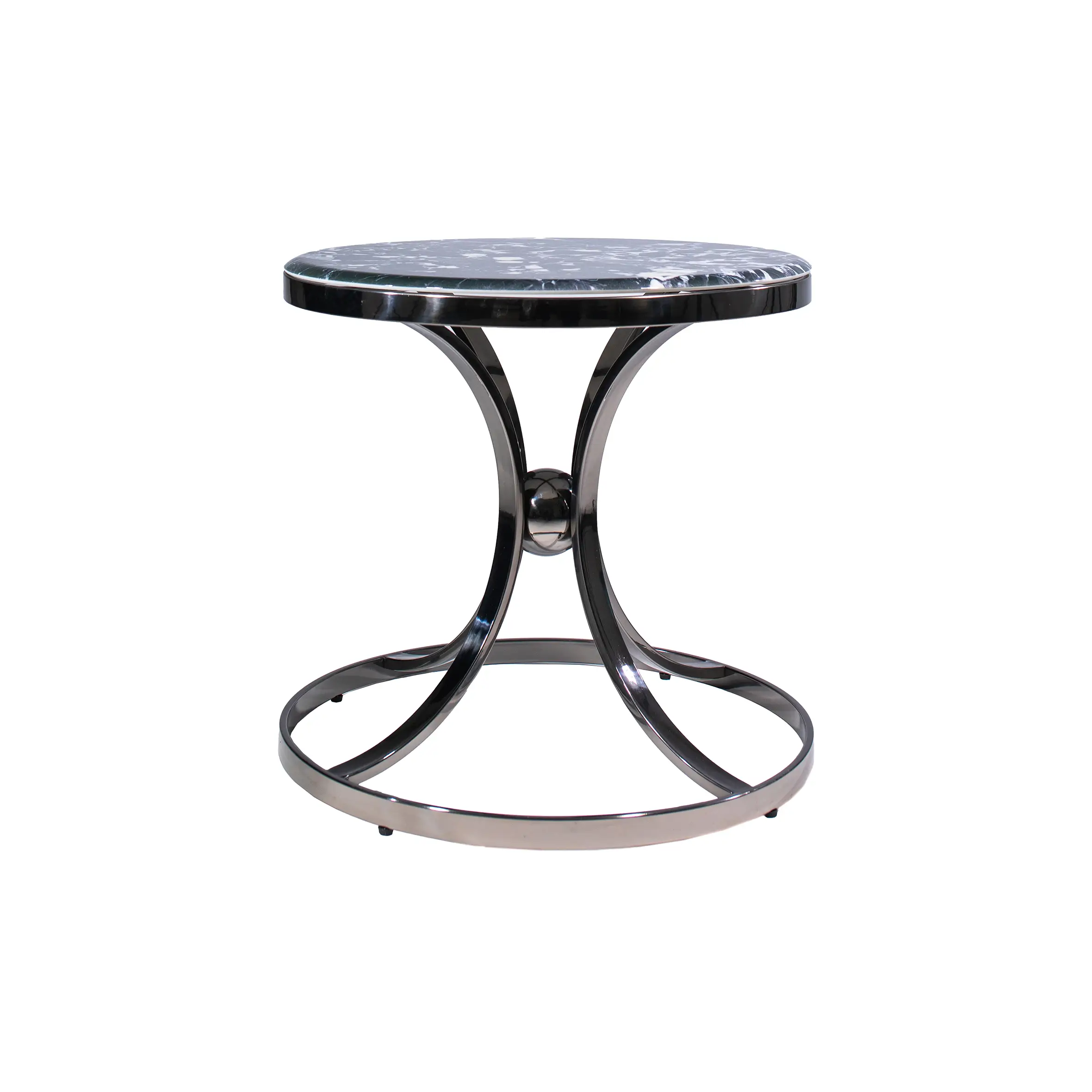 Modern office lounge featuring a sleek black sofa and a stylish round side table with a metallic frame on a textured gray carpet, conveying sophistication.