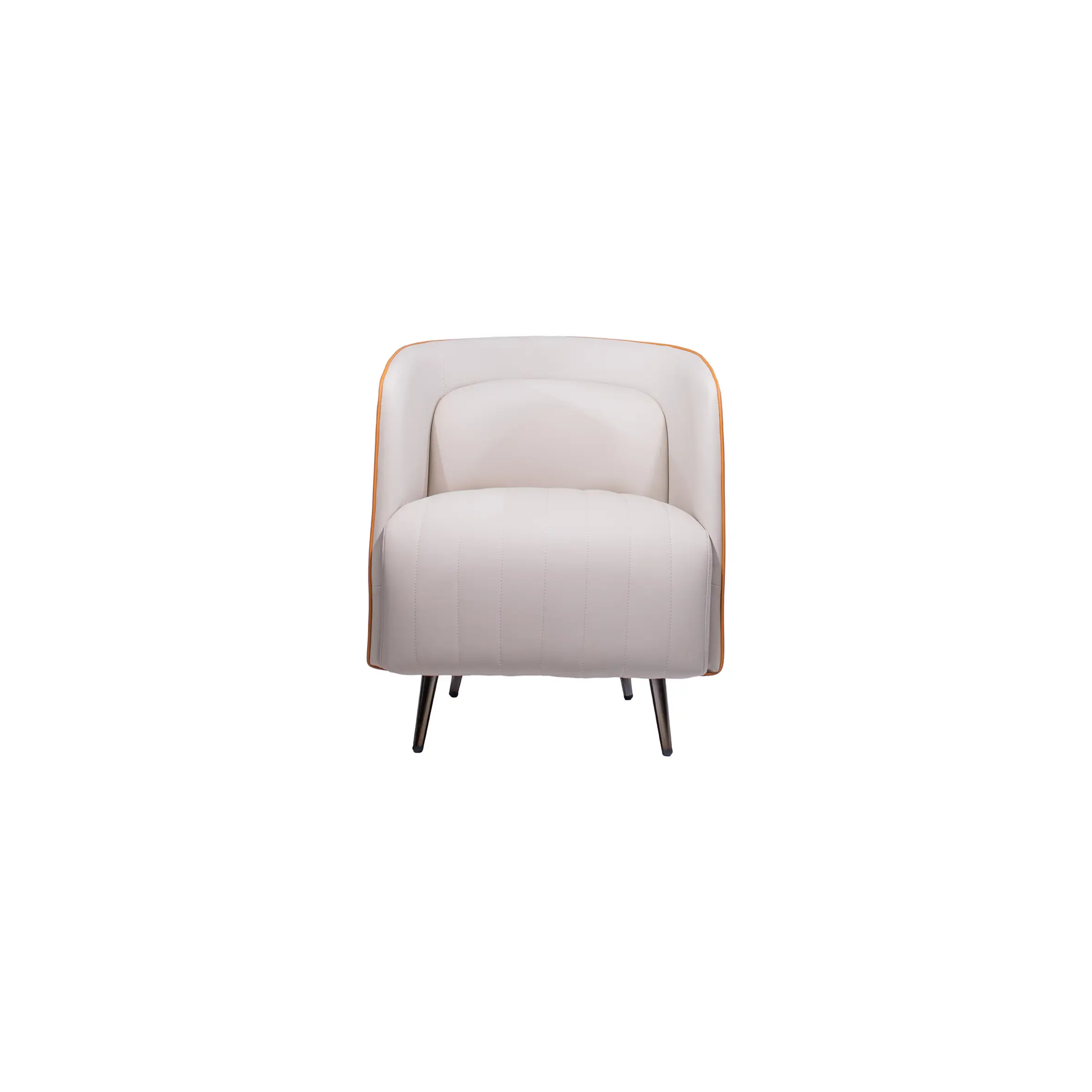 Modern office space with a cozy lounge area featuring four orange and white chairs. In the background are desks with computers, creating a professional yet inviting ambiance.