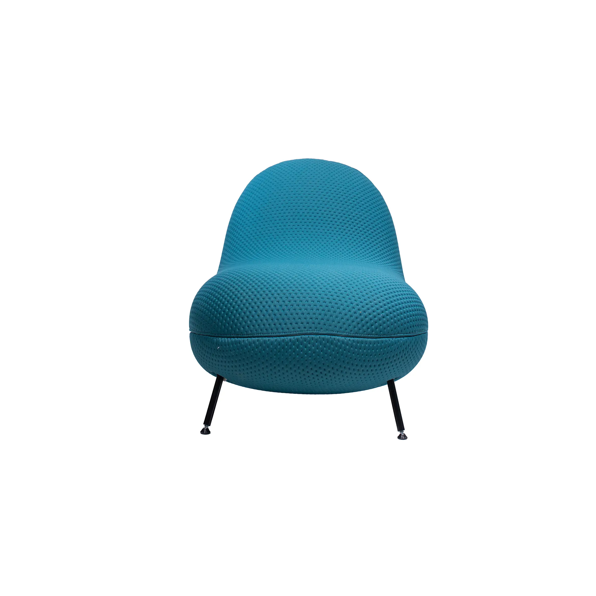 Five modern teal chairs lined up on a patterned carpet in a minimalist lobby with beige walls. The atmosphere is calm and sophisticated.