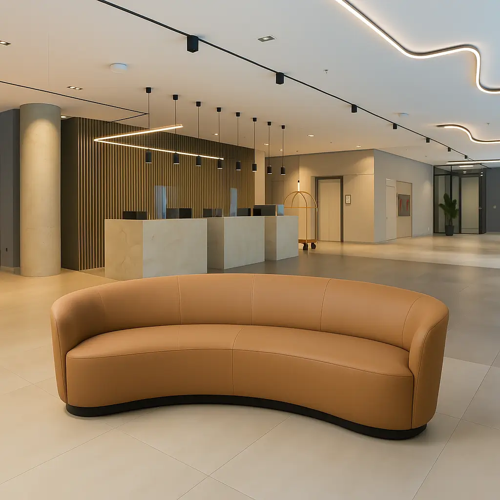 Modern hotel lobby with a curved tan sofa in the foreground. Minimalist design featuring sleek reception desks, pendant lighting, and abstract wall decor.