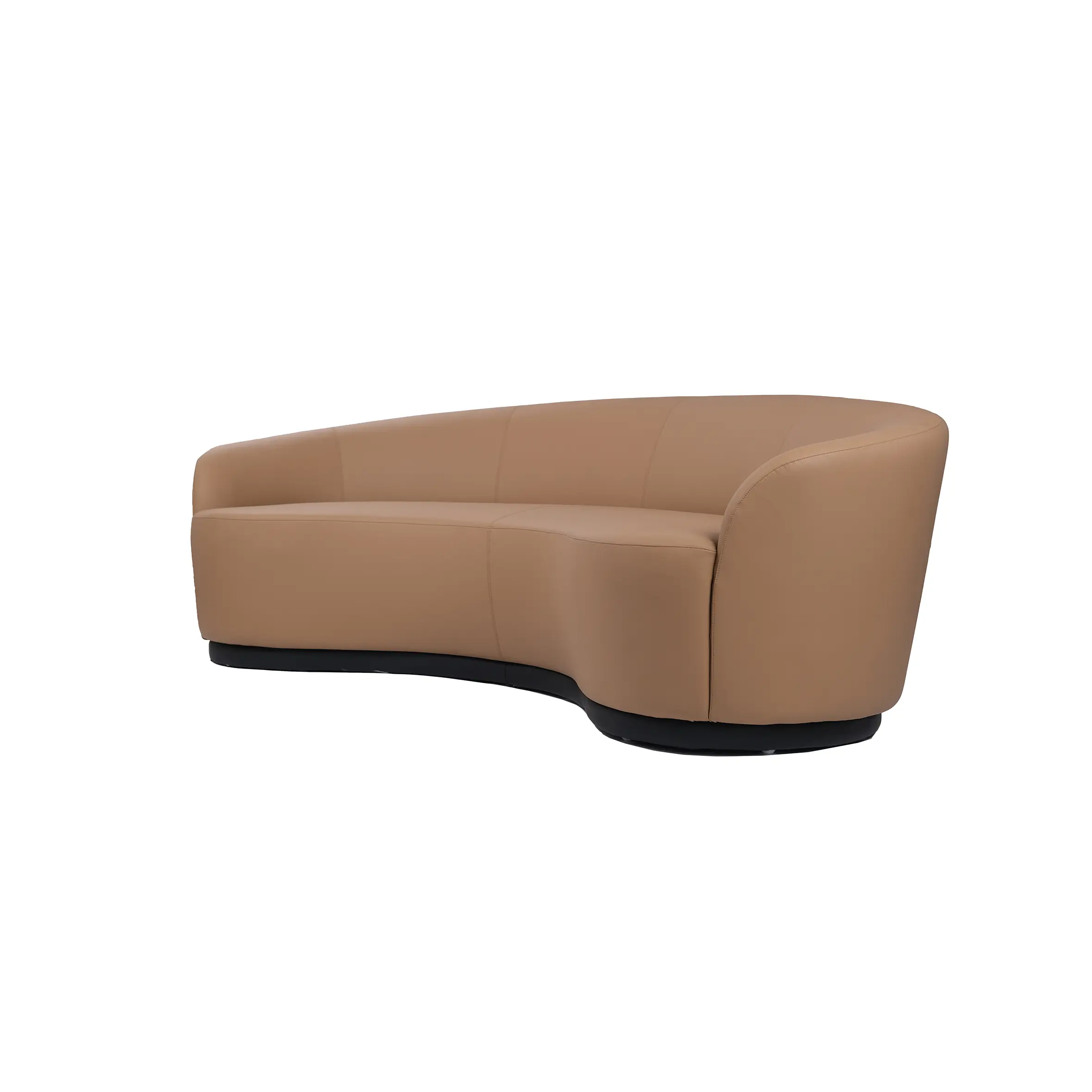 Modern hotel lobby with a curved tan sofa in the foreground. Minimalist design featuring sleek reception desks, pendant lighting, and abstract wall decor.