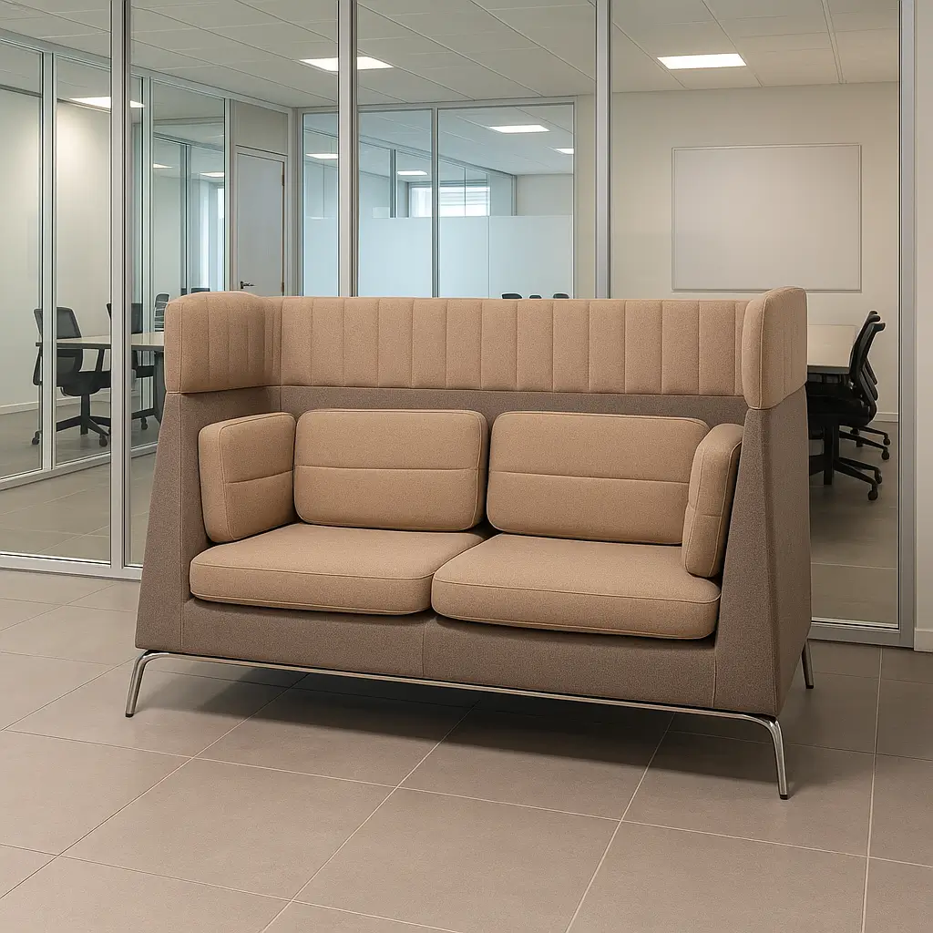 Elegant two-seater sofa with high backrest in beige and taupe tones, set in a modern office with glass-walled meeting rooms and soft lighting.