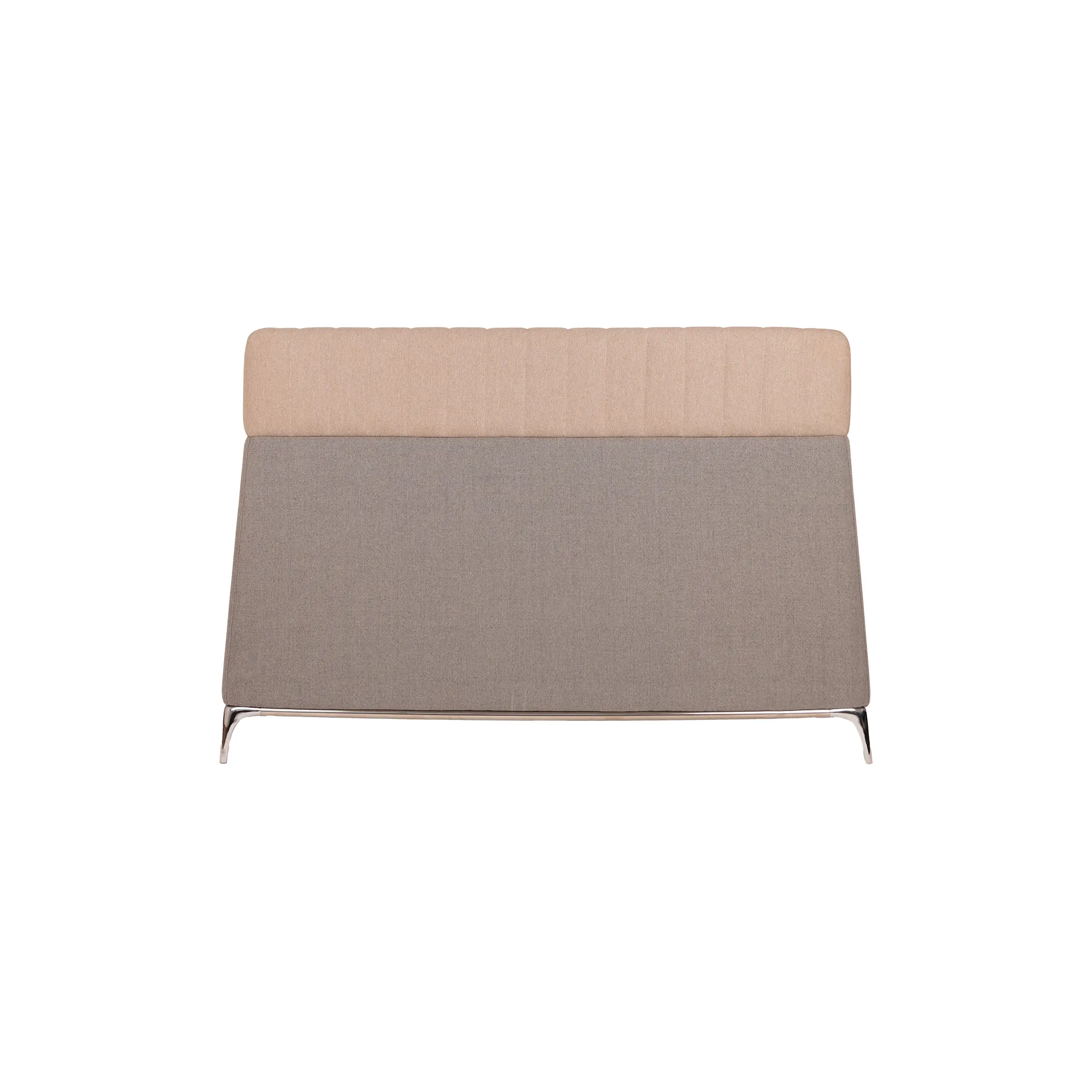 Elegant two-seater sofa with high backrest in beige and taupe tones, set in a modern office with glass-walled meeting rooms and soft lighting.