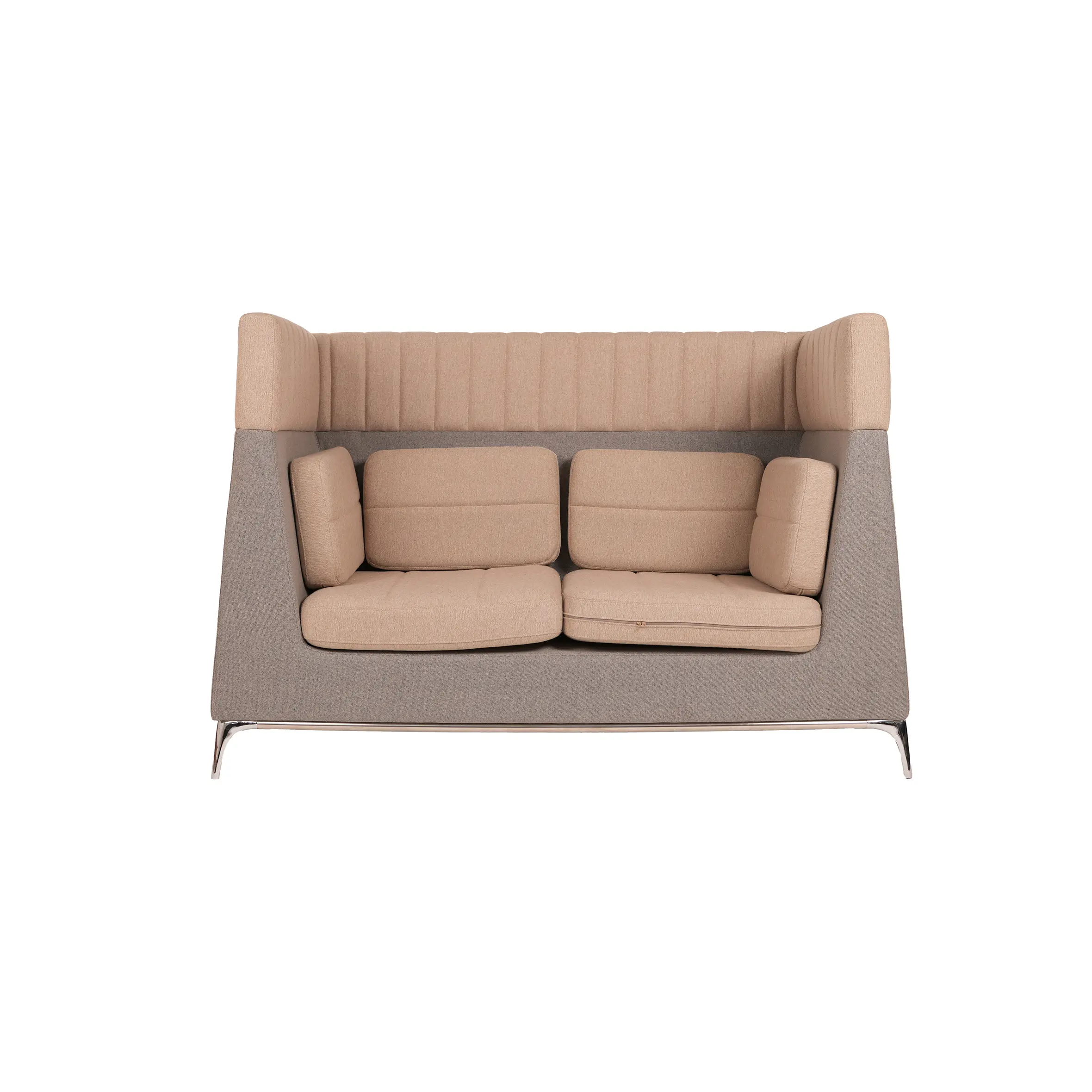 Elegant two-seater sofa with high backrest in beige and taupe tones, set in a modern office with glass-walled meeting rooms and soft lighting.