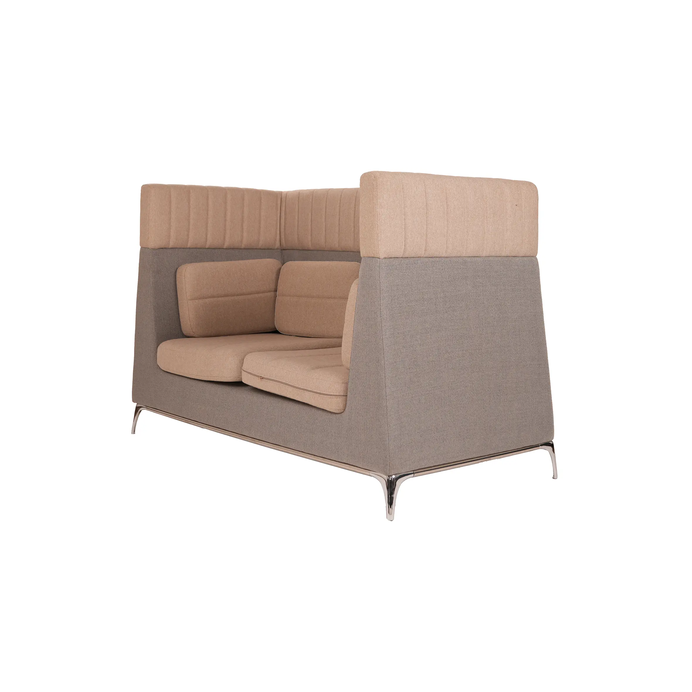 Elegant two-seater sofa with high backrest in beige and taupe tones, set in a modern office with glass-walled meeting rooms and soft lighting.