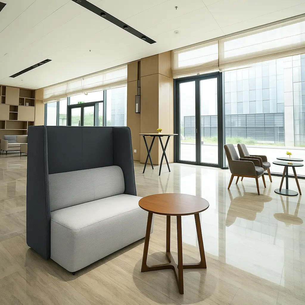 Modern lounge area with sleek, light grey seating, wooden tables, and large windows. Bright, open space with a calm, minimalist design.