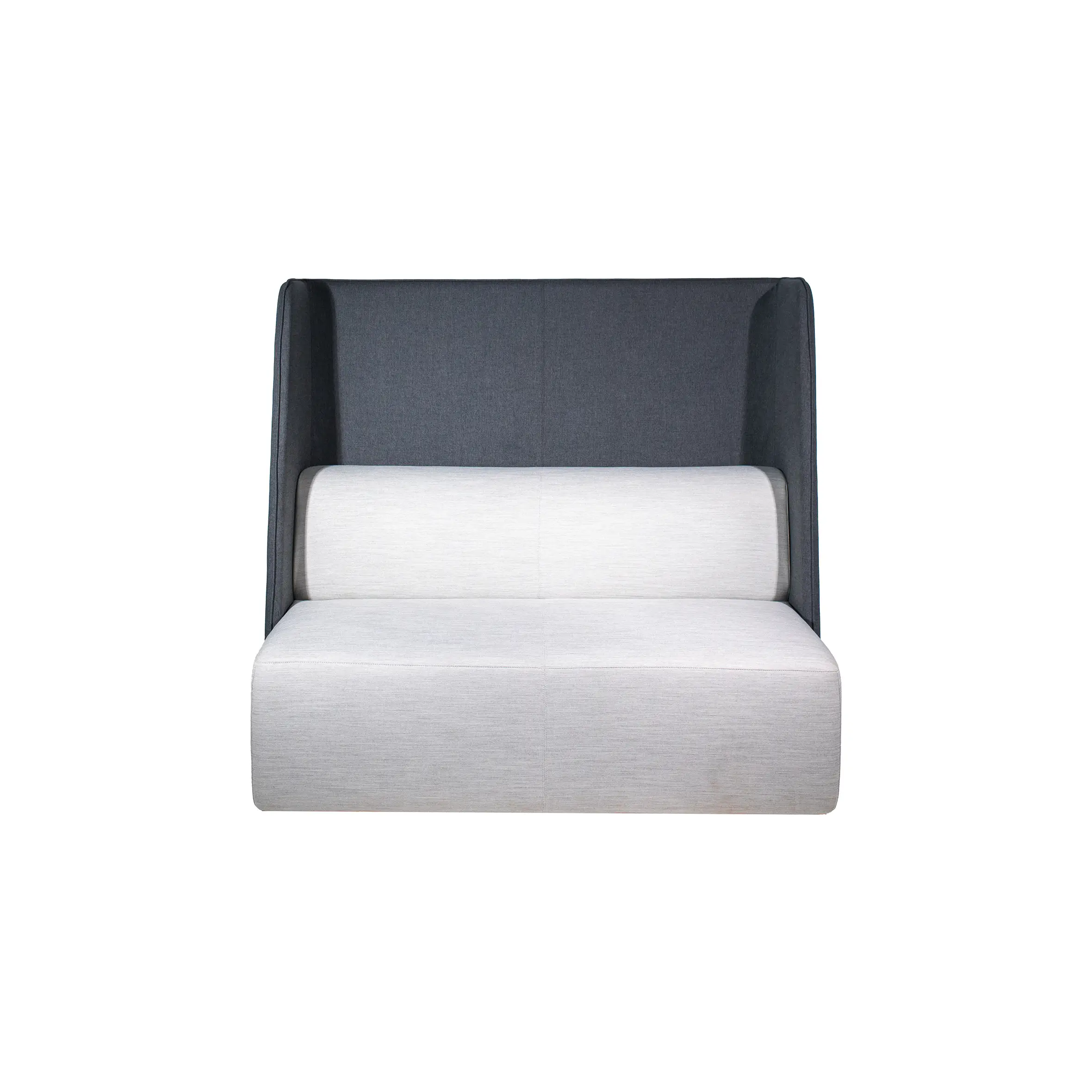 Modern lounge area with sleek, light grey seating, wooden tables, and large windows. Bright, open space with a calm, minimalist design.