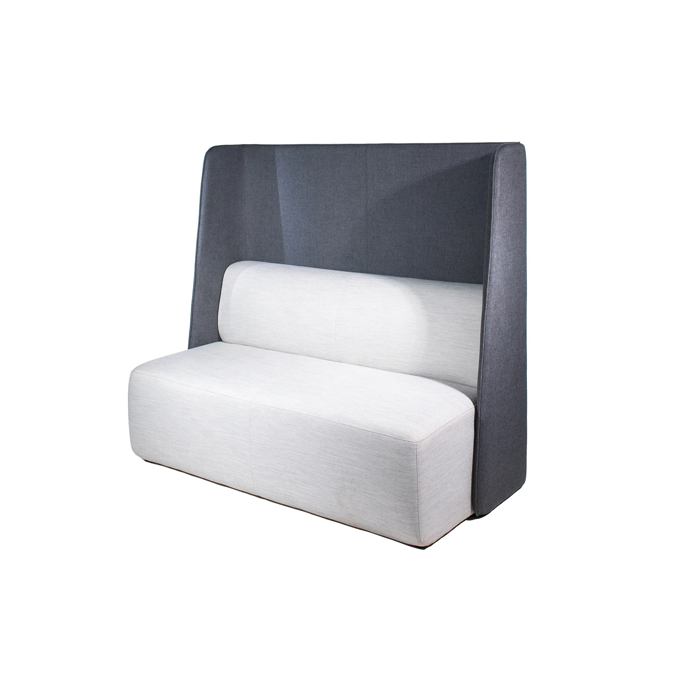 Modern lounge area with sleek, light grey seating, wooden tables, and large windows. Bright, open space with a calm, minimalist design.