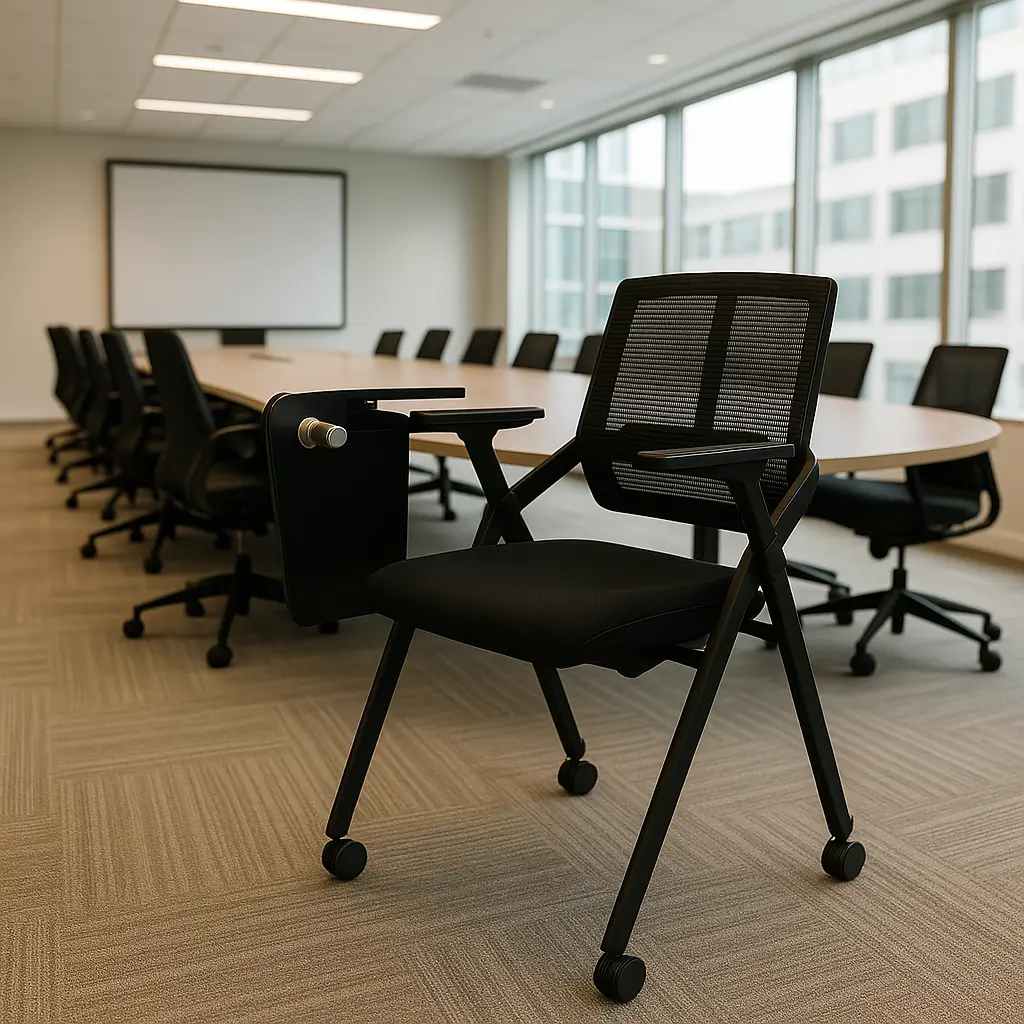 Modern conference room with a large oval table and black chairs around it. A single prominent chair with wheels in the foreground, with large windows in the background.