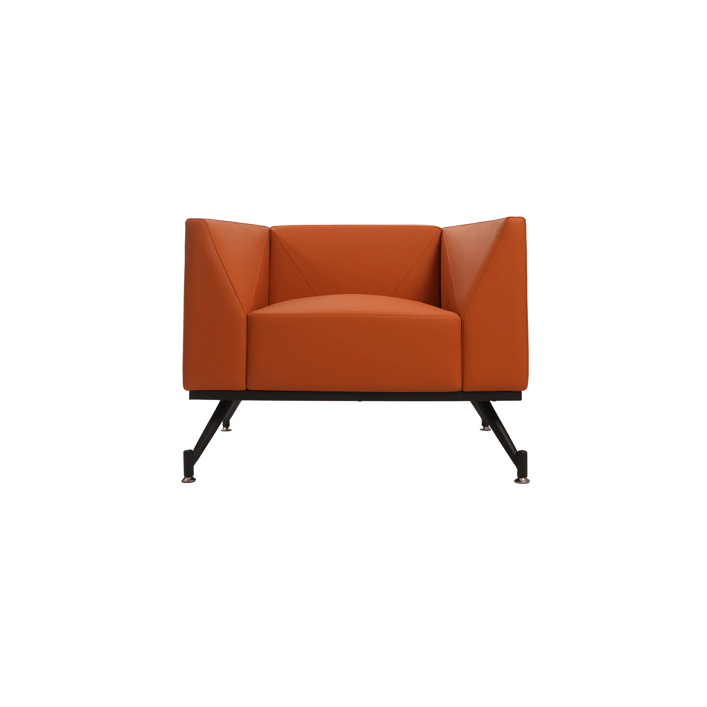 Modern lounge area with an orange armchair, round black table, and green potted plants. Soft lighting and wood flooring create a cozy ambiance.