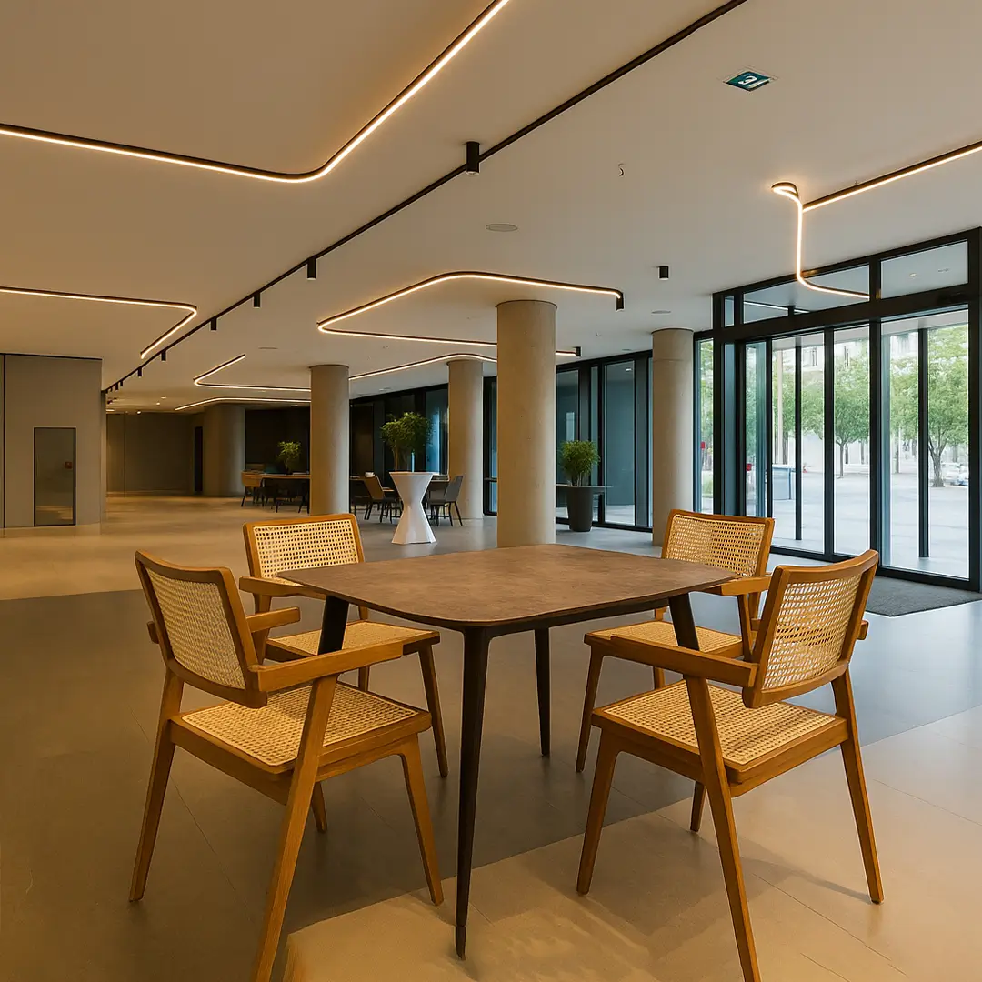 Sleek modern lobby with a wooden table and four chairs. Soft ceiling lights create a warm, inviting atmosphere. Large glass windows showcase green trees outside.