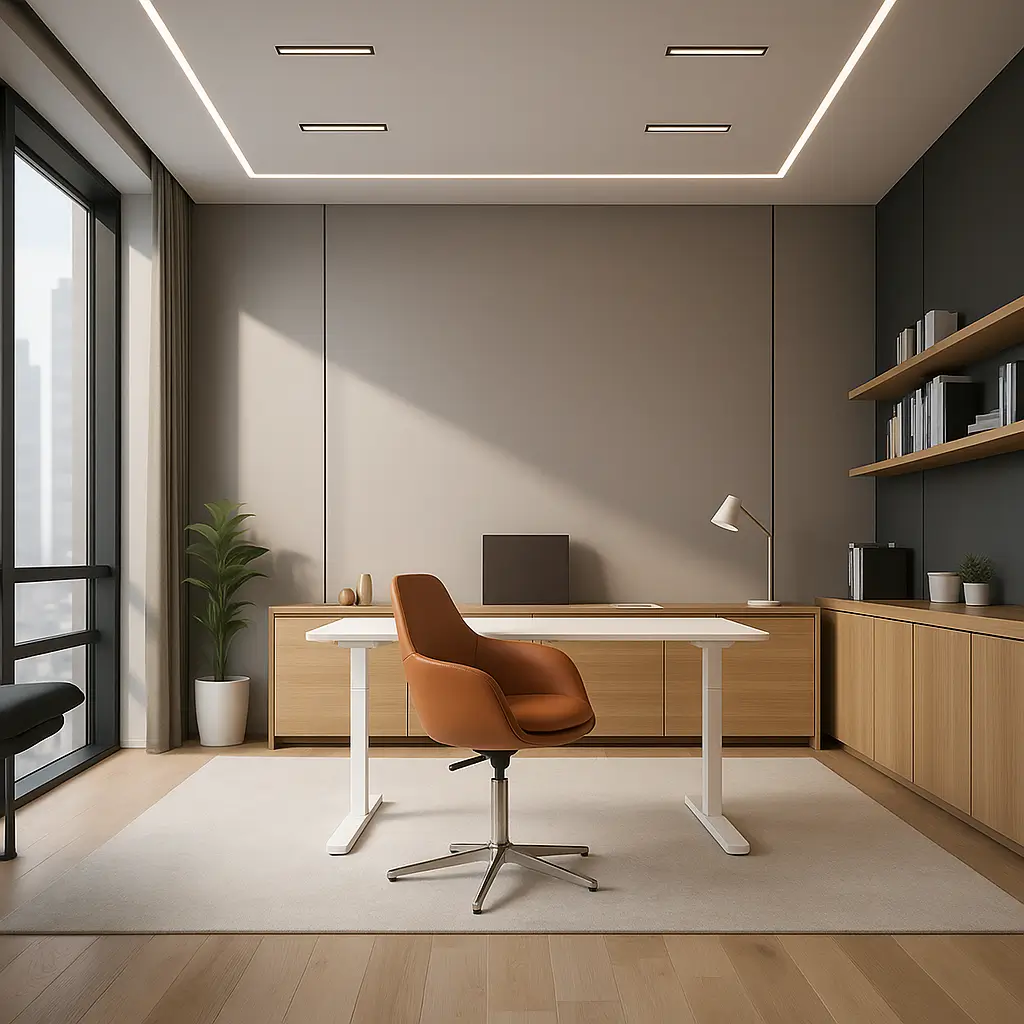 Modern minimalist office with a warm tone, featuring a white desk, brown chair, potted plant, and wooden shelves. Soft lighting creates a calm atmosphere.