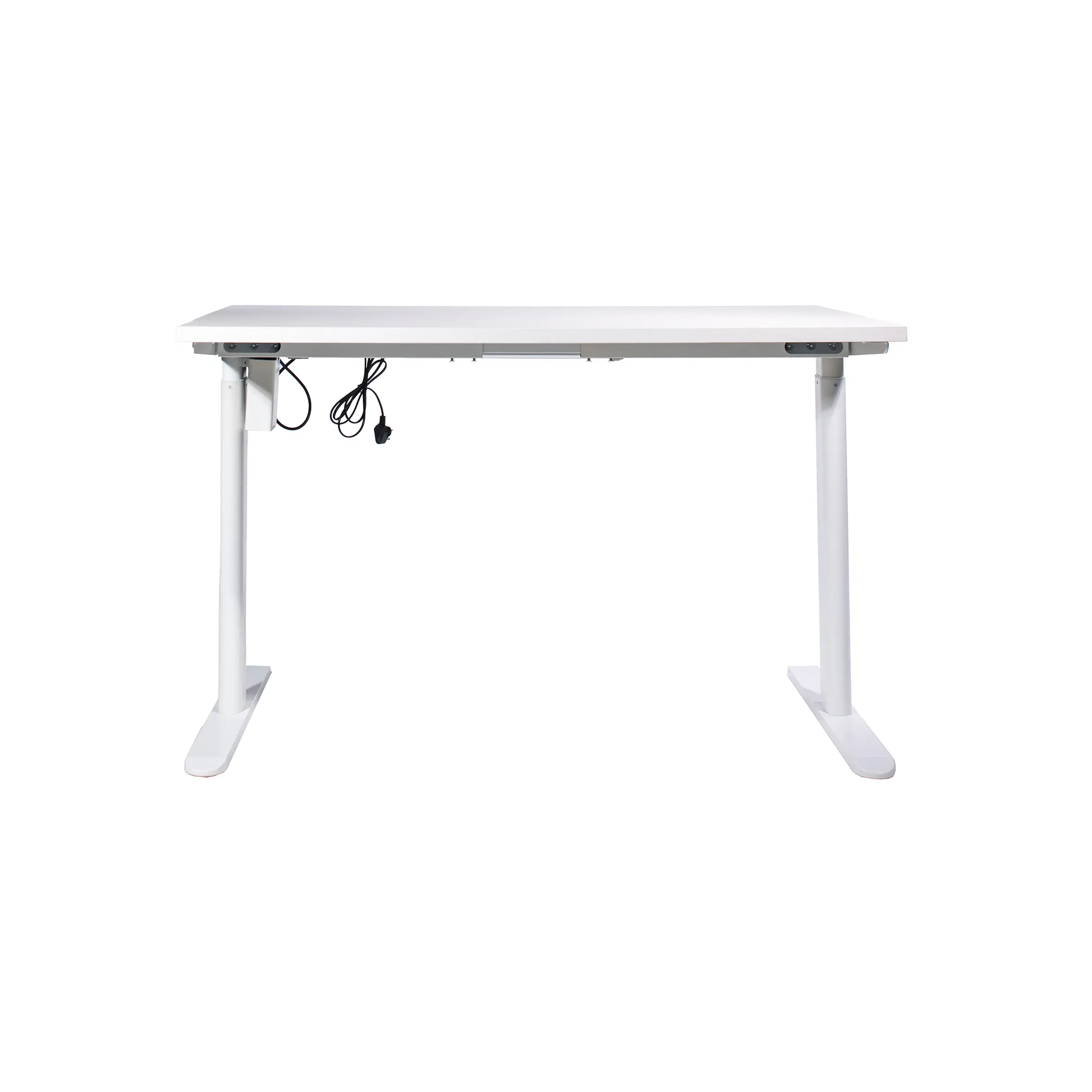 Modern minimalist office with a warm tone, featuring a white desk, brown chair, potted plant, and wooden shelves. Soft lighting creates a calm atmosphere.