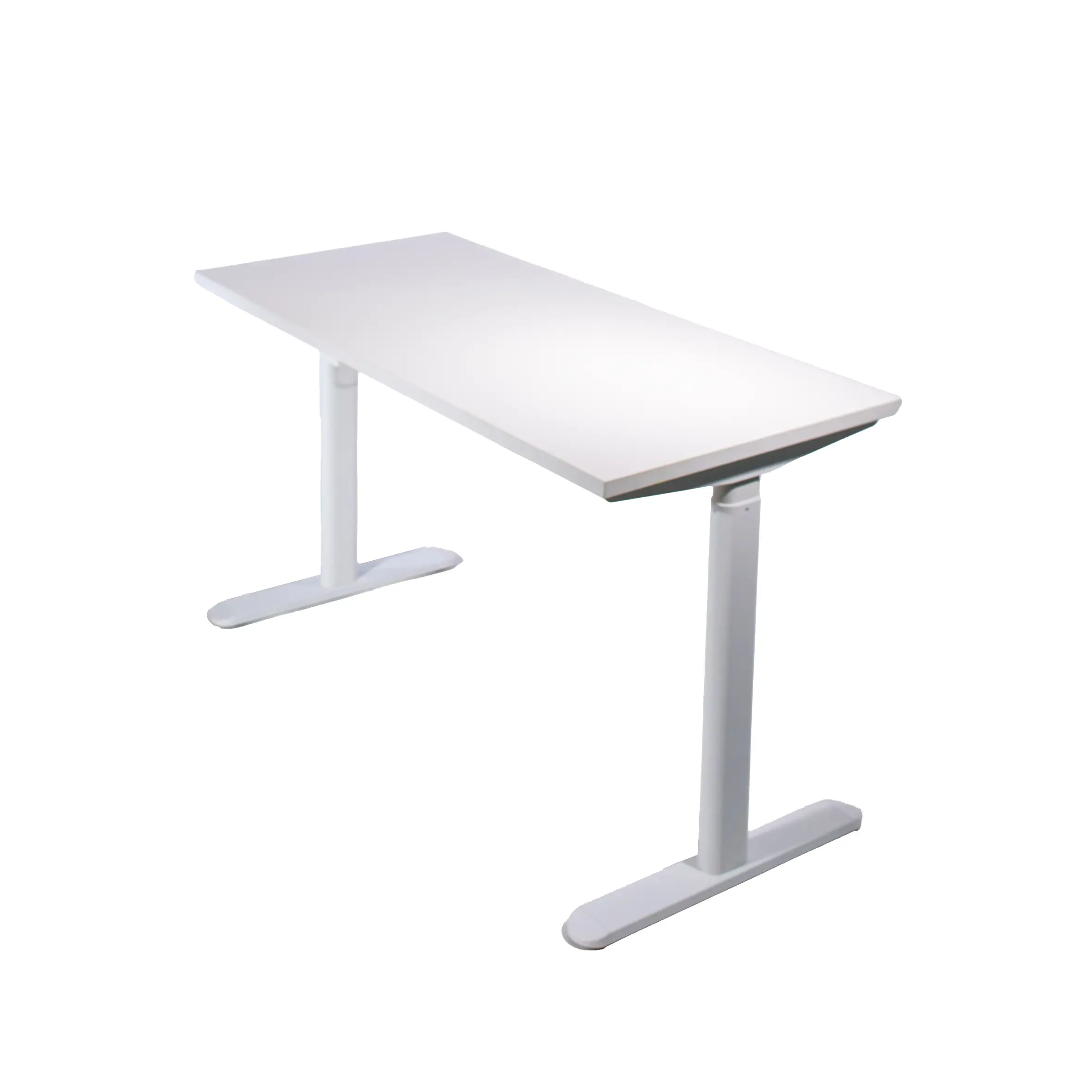 Modern minimalist office with a warm tone, featuring a white desk, brown chair, potted plant, and wooden shelves. Soft lighting creates a calm atmosphere.